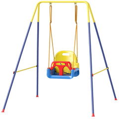 Qaba 3 in 1 Toddler Swing Set, Folding Child Swing Set with Seat Belt, Adjustable Seat for Outdoor Indoor, Blue