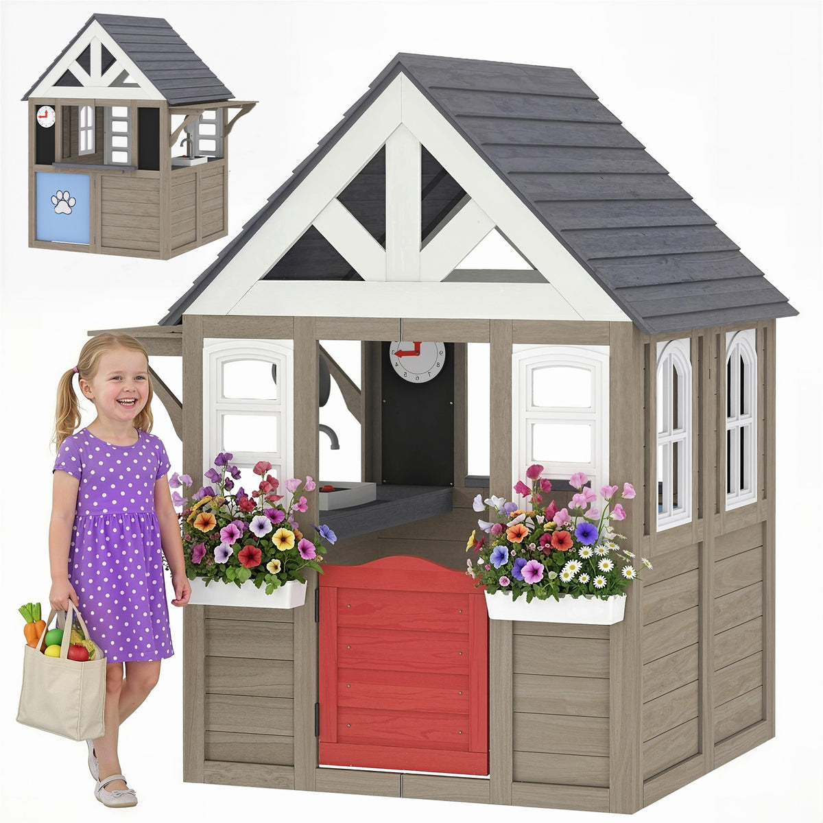 Qaba Outdoor Playhouse, Wooden Kids Playhouse with Dog Door, Flower Box, Cookware & Window for Garden Ages 2+, Gray