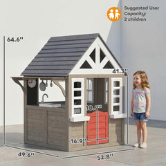 Qaba Outdoor Playhouse, Wooden Kids Playhouse with Dog Door, Flower Box, Cookware & Window for Garden Ages 2+, Gray