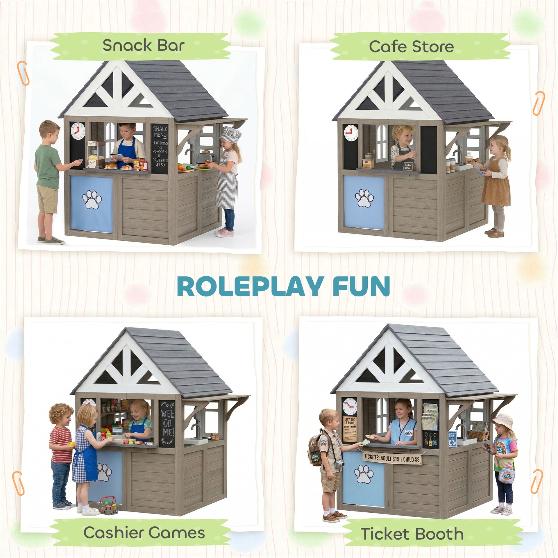 Qaba Outdoor Playhouse, Wooden Kids Playhouse with Dog Door, Flower Box, Cookware & Window for Garden Ages 2+, Gray