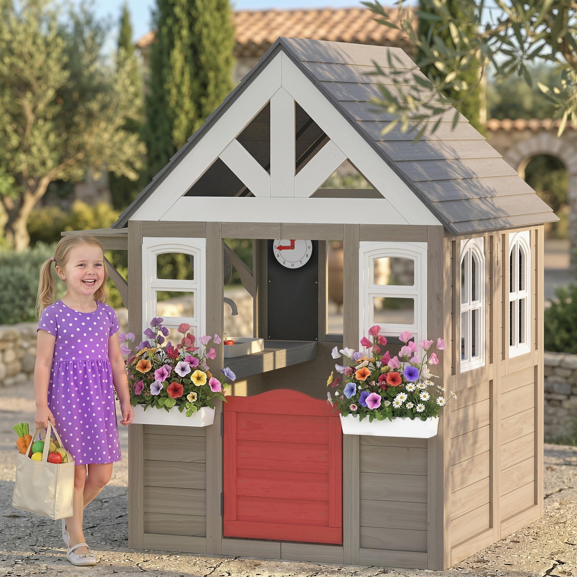Qaba Outdoor Playhouse, Wooden Kids Playhouse with Dog Door, Flower Box, Cookware & Window for Garden Ages 2+, Gray