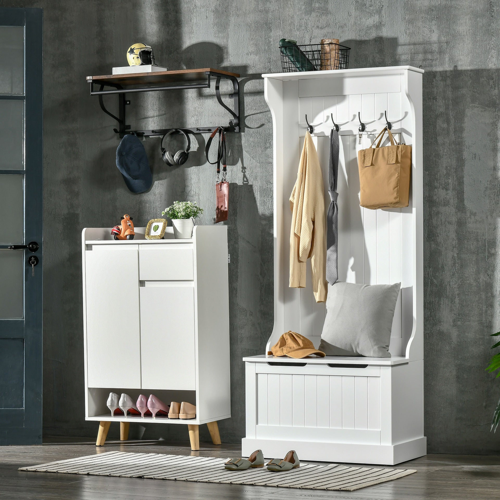 HOMCOM Hall Tree with Coat Rack, Storage, and Sitting Bench, White