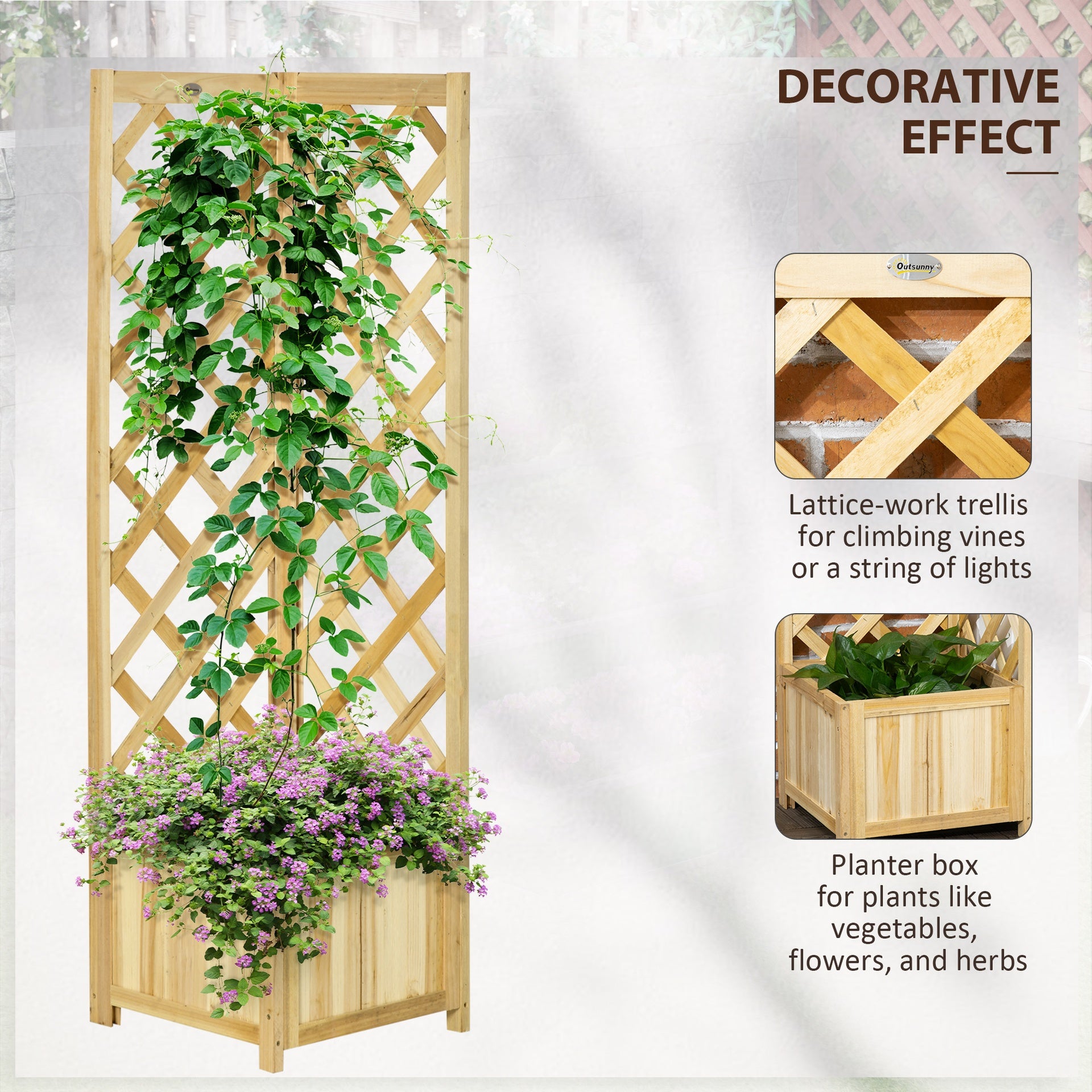 Outsunny Wooden Raised Garden Bed, Planter with Trellis for Vine Climbing and Vegetables, Herbs and Flowers Growing, Natural