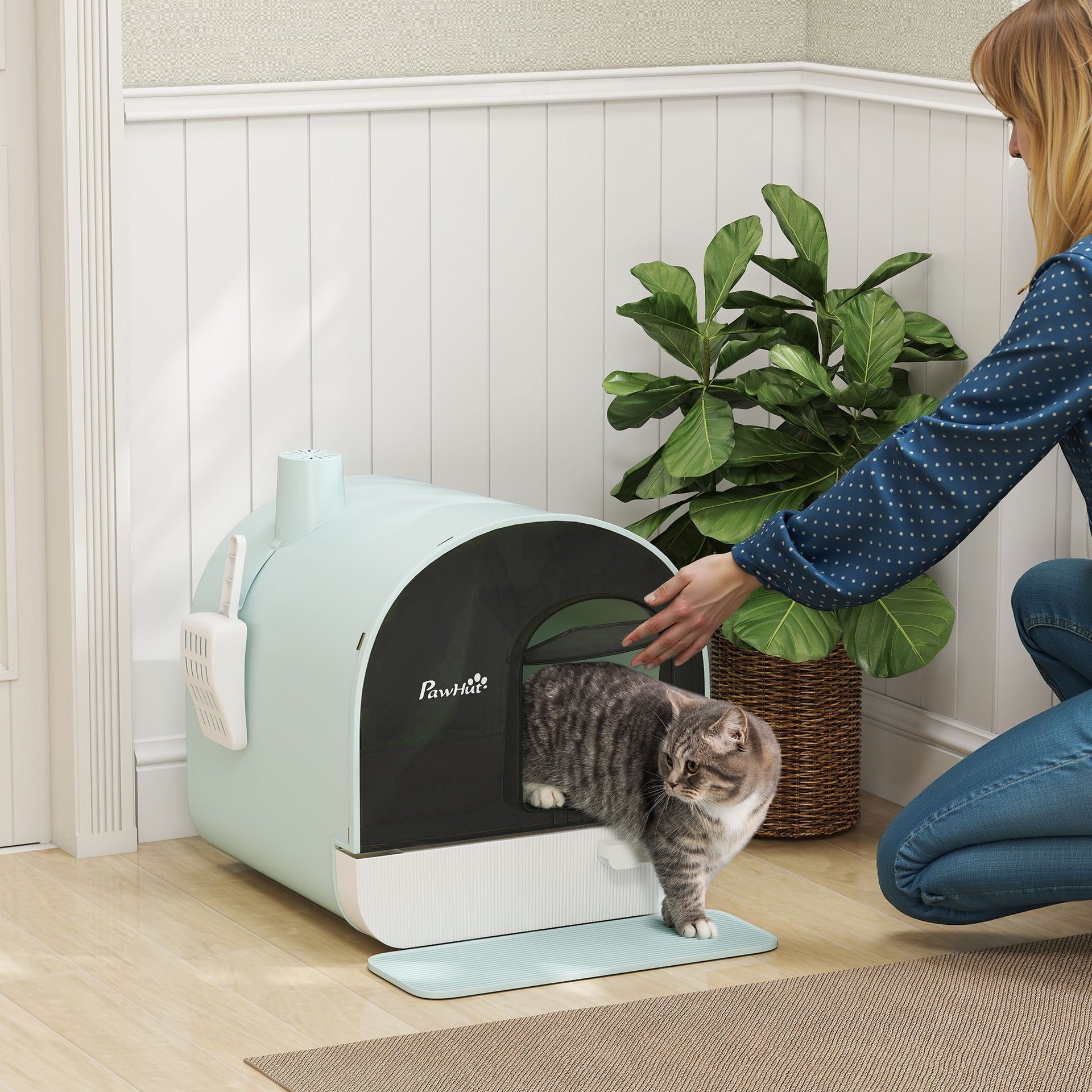 PawHut Fully Enclosed Cat Litter Box with Lid & Drawer Design, Covered Litter Box Anti-Leakage, Anti-Splashing, for Indoor Cats from Kitten to Adult, with Scoop & Mat, Easy Clean, Odor Control, Green