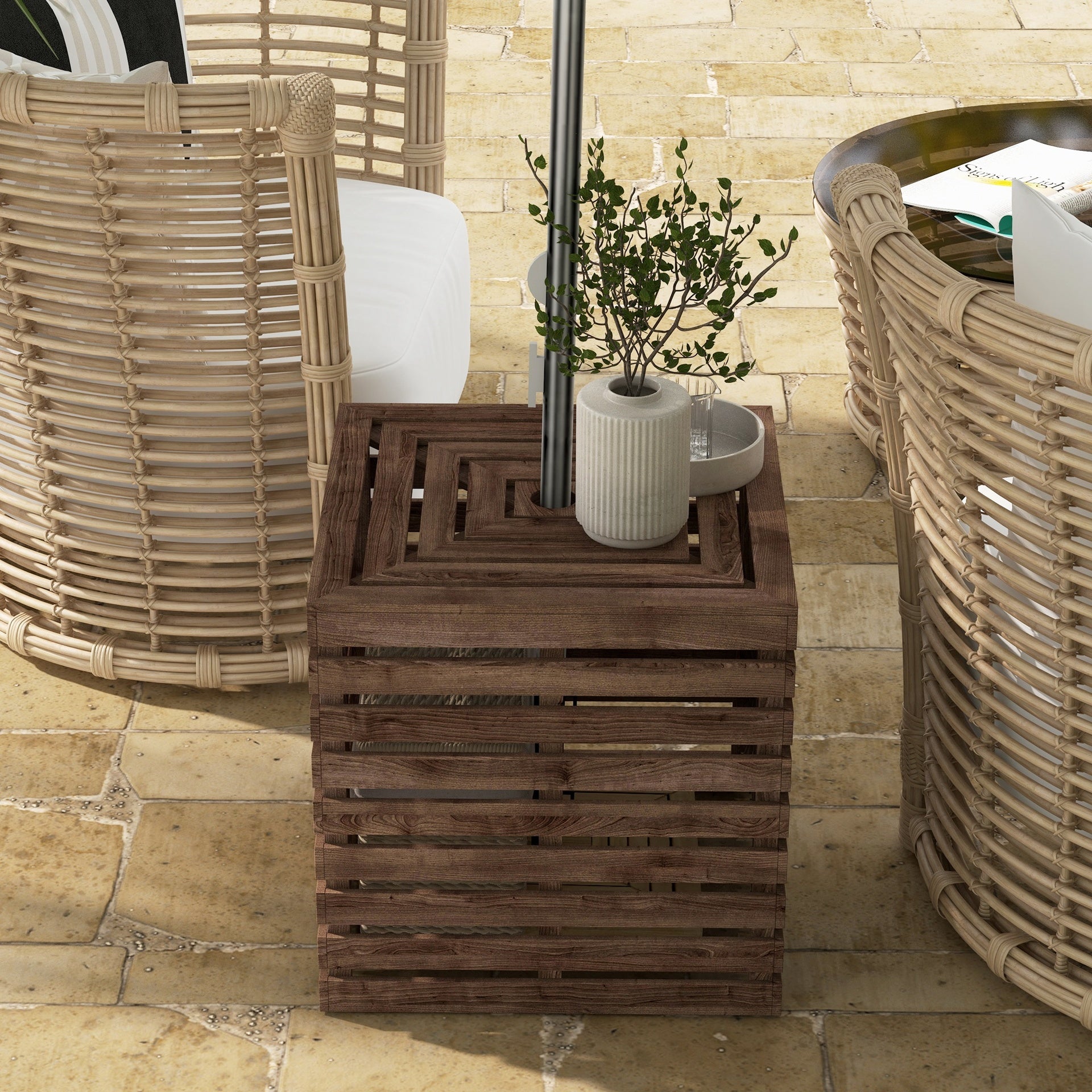 Outsunny 2-in-1 Outdoor Umbrella Base Storage Box, Wooden Patio Coffee Table, Brown