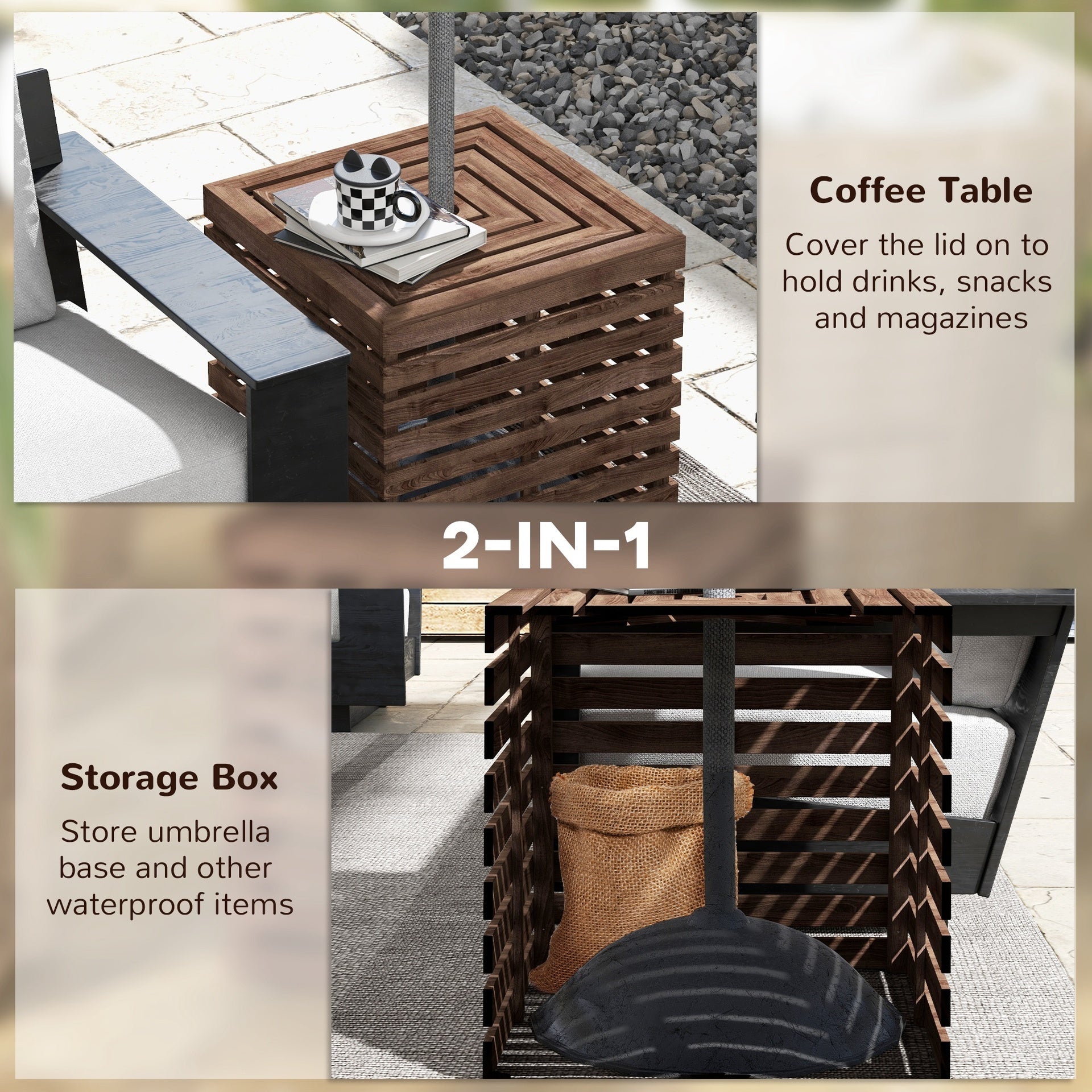 Outsunny 2-in-1 Outdoor Umbrella Base Storage Box, Wooden Patio Coffee Table, Brown