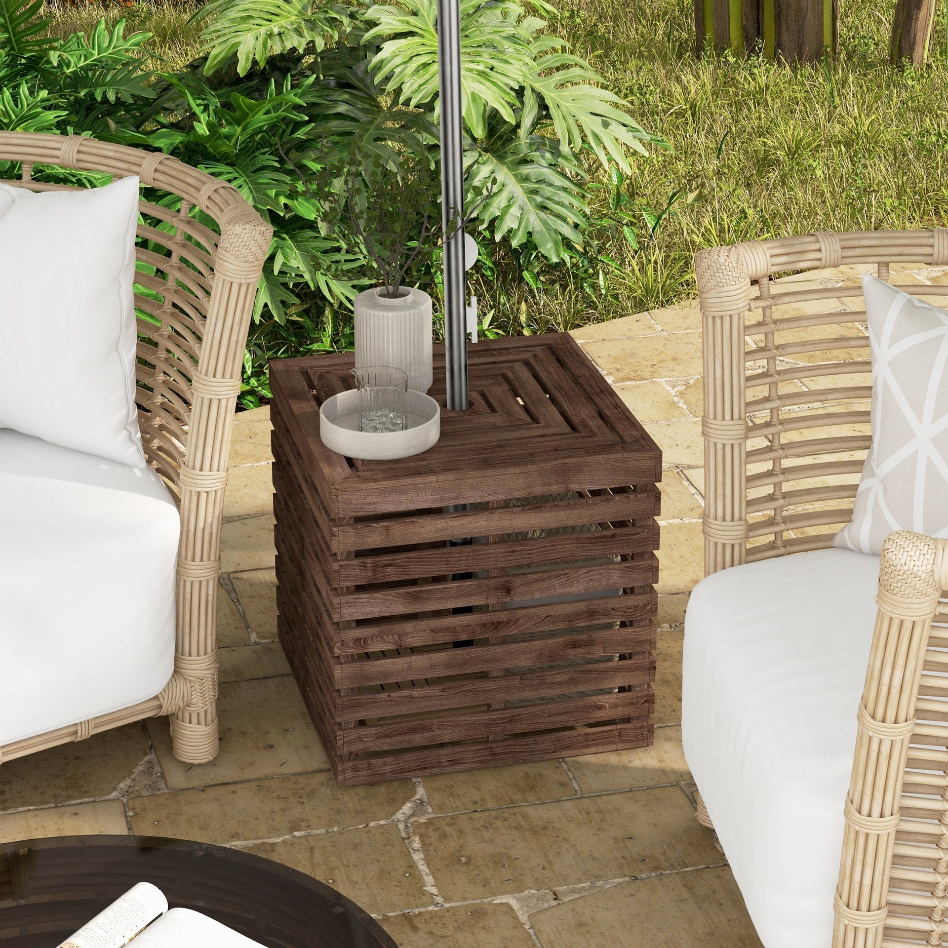 Outsunny 2-in-1 Outdoor Umbrella Base Storage Box, Wooden Patio Coffee Table, Brown