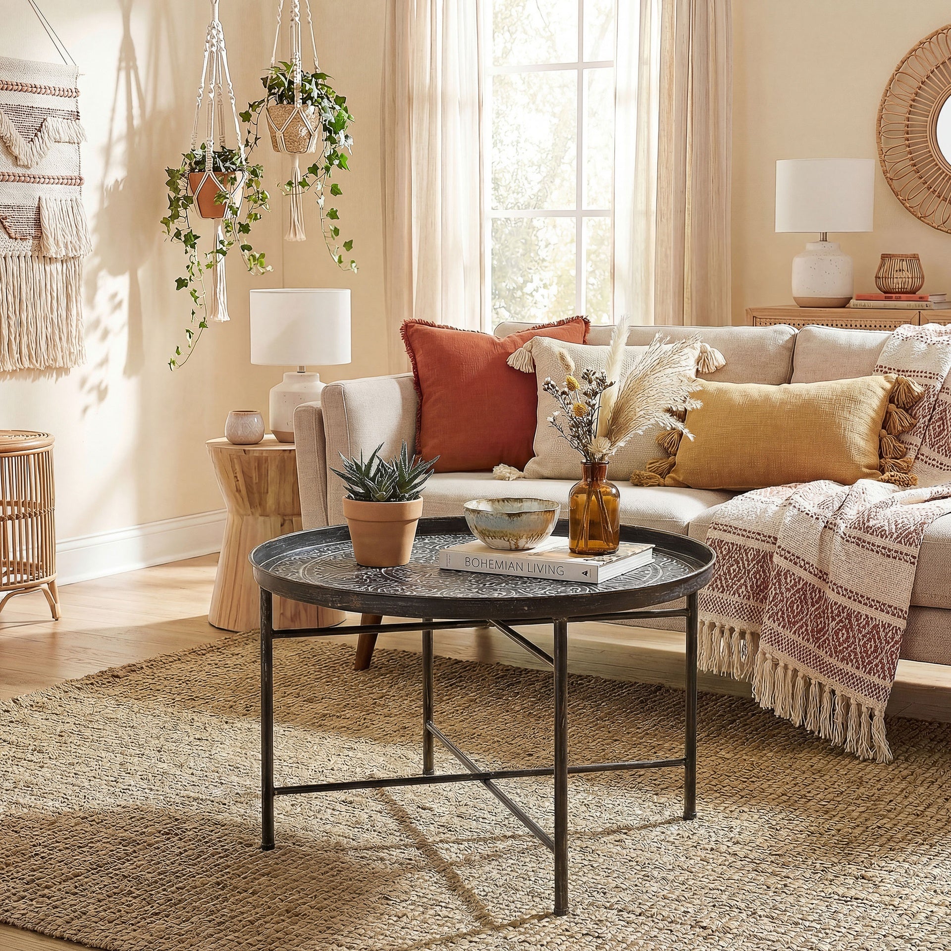 HOMCOM Coffee Table for Living Room, 24" Round Center Table with Hammered Tray Top and Metal Frame for Bedroom, Pewter