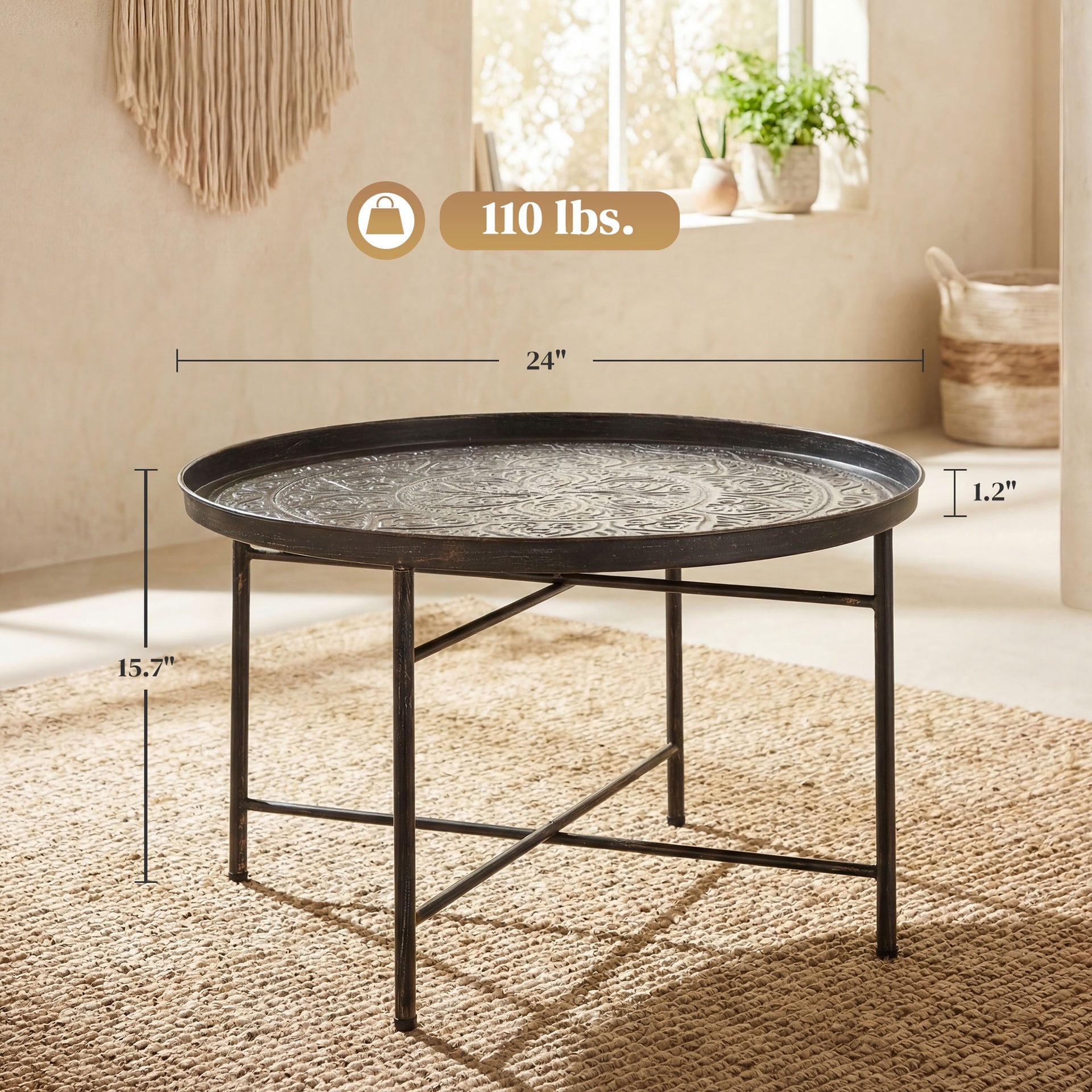 HOMCOM Coffee Table for Living Room, 24" Round Center Table with Hammered Tray Top and Metal Frame for Bedroom, Pewter