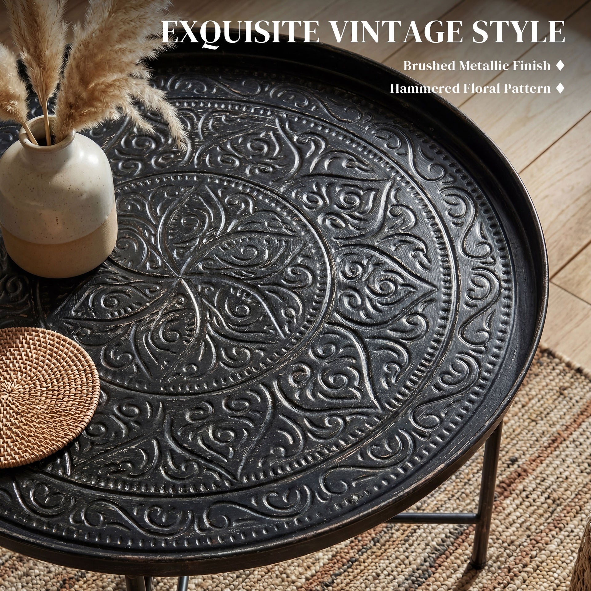 HOMCOM Coffee Table for Living Room, 24" Round Center Table with Hammered Tray Top and Metal Frame for Bedroom, Pewter