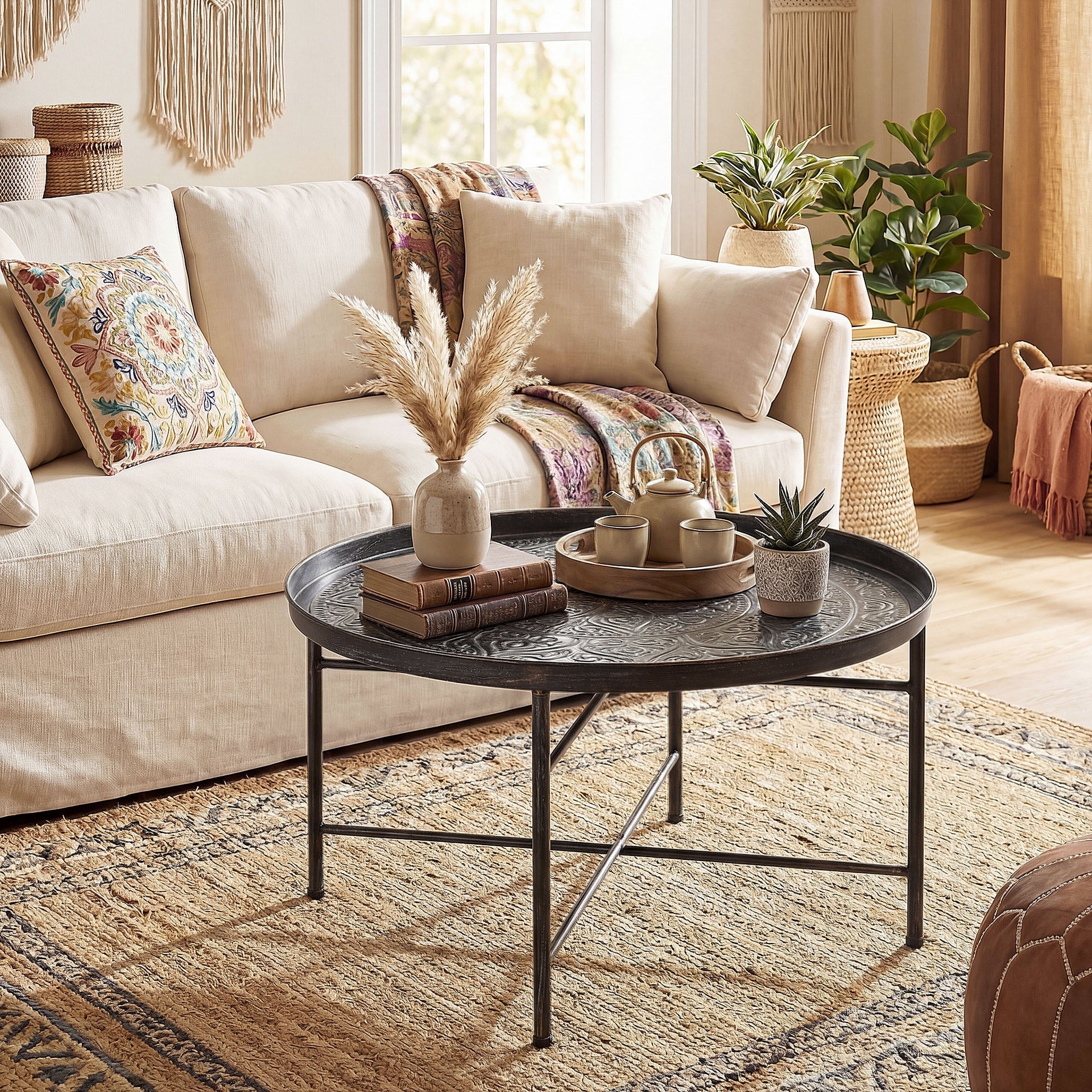 HOMCOM Coffee Table for Living Room, 24" Round Center Table with Hammered Tray Top and Metal Frame for Bedroom, Pewter