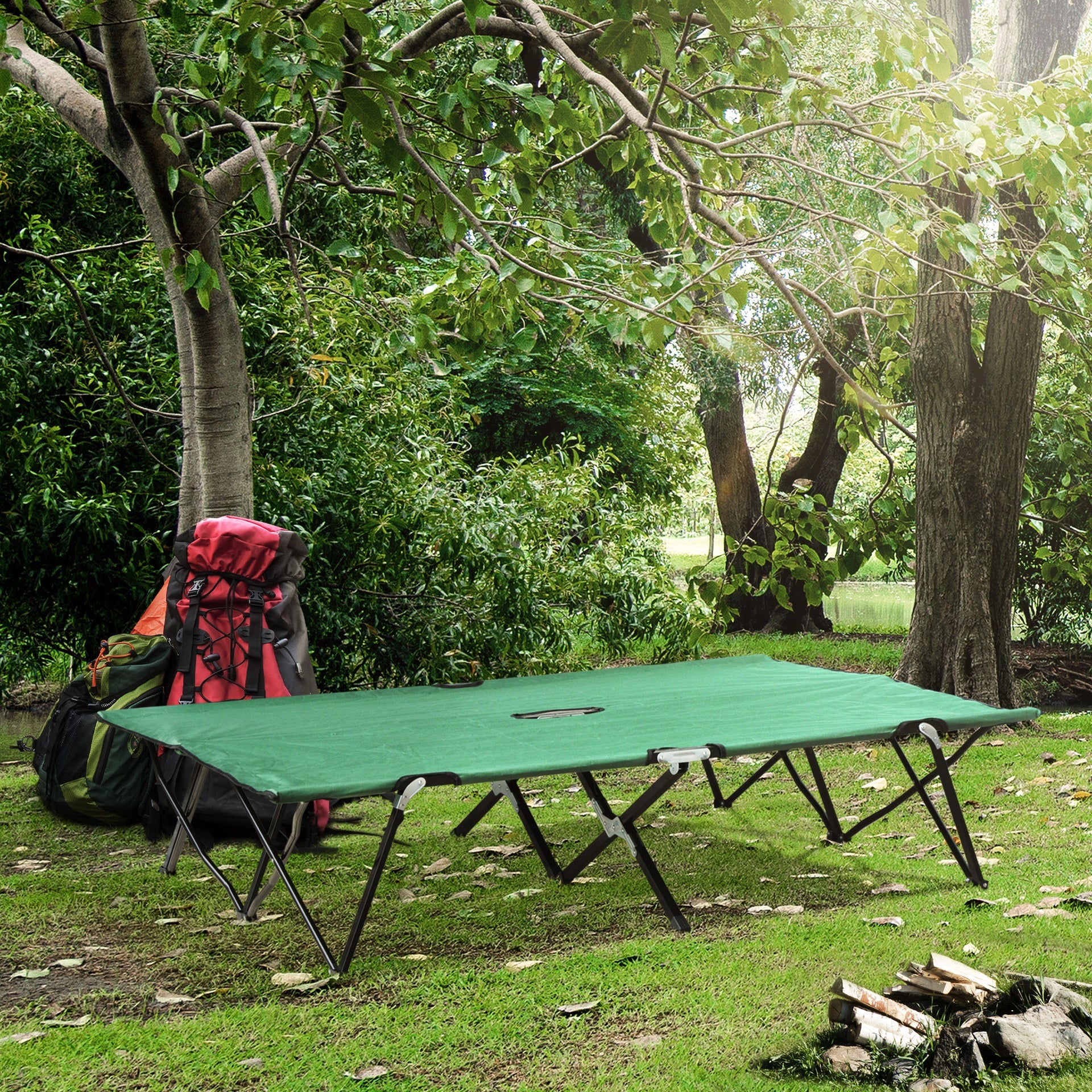 Outsunny 2 Person Folding Camping Cot for Adults, 50" Extra Wide Outdoor Portable Sleeping Cot with Carry Bag, Elevated Camping Bed, Beach Hiking, Green