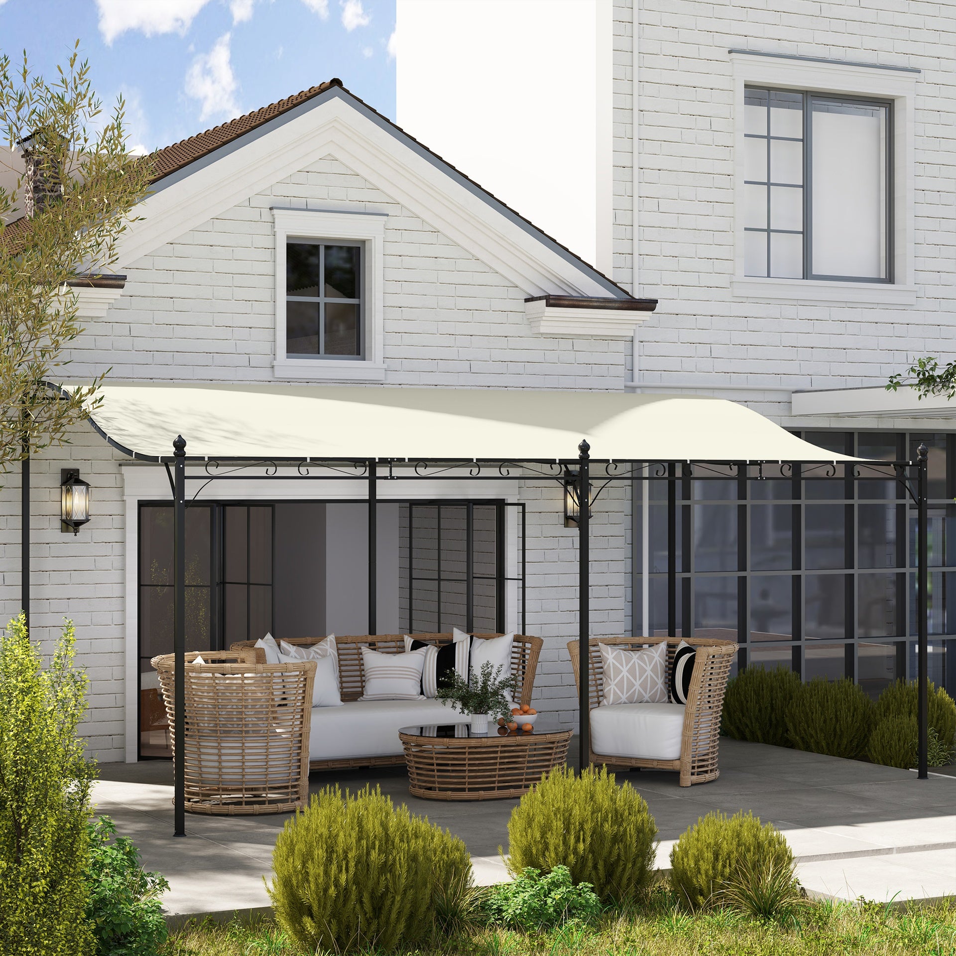 Outsunny 10' x 16' Wall-Mounted Outdoor Pergola Canopy, Metal Patio Canopy with Drainage Holes for Backyard Garden, Cream White