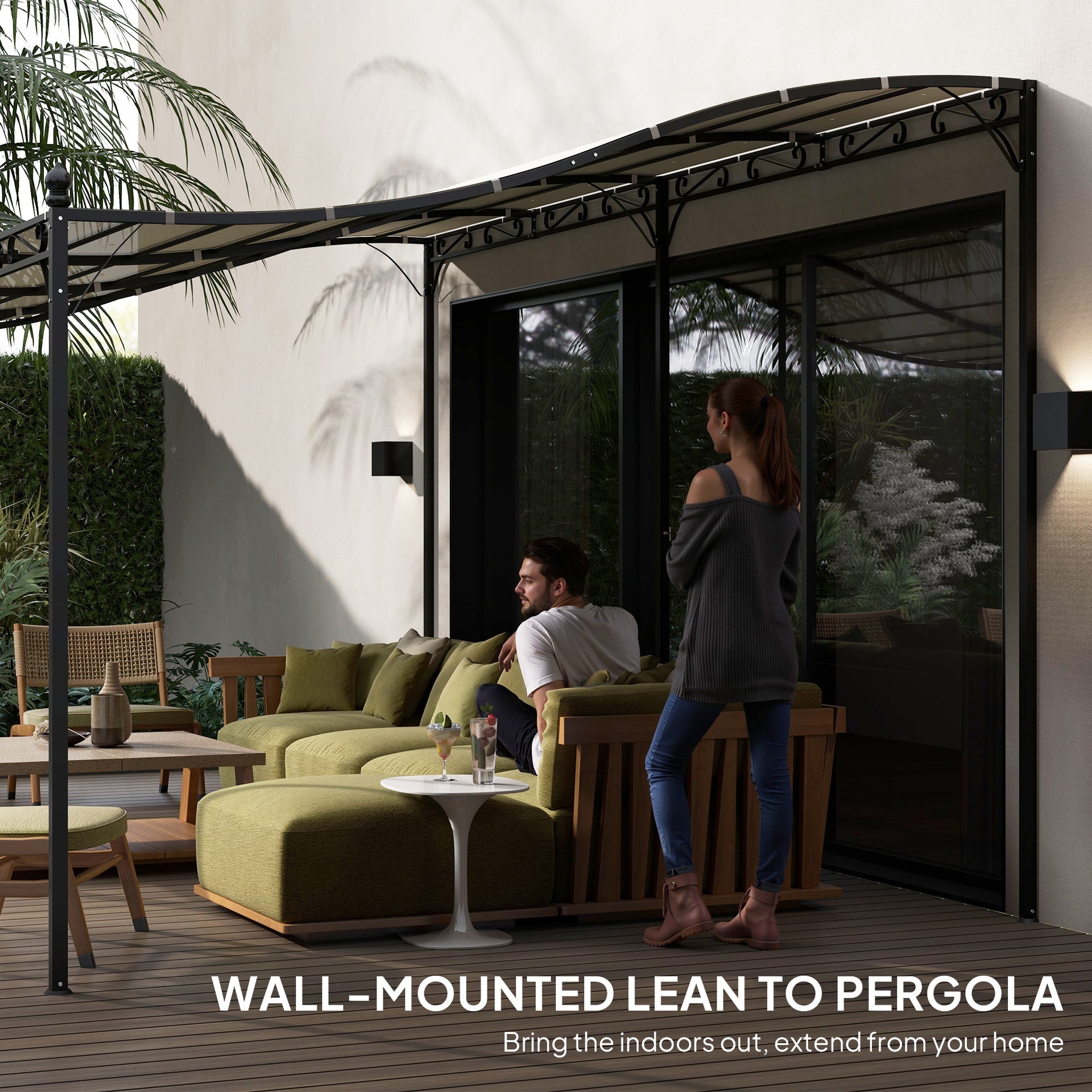 Outsunny 10' x 16' Wall-Mounted Outdoor Pergola Canopy, Metal Patio Canopy with Drainage Holes for Backyard Garden, Cream White