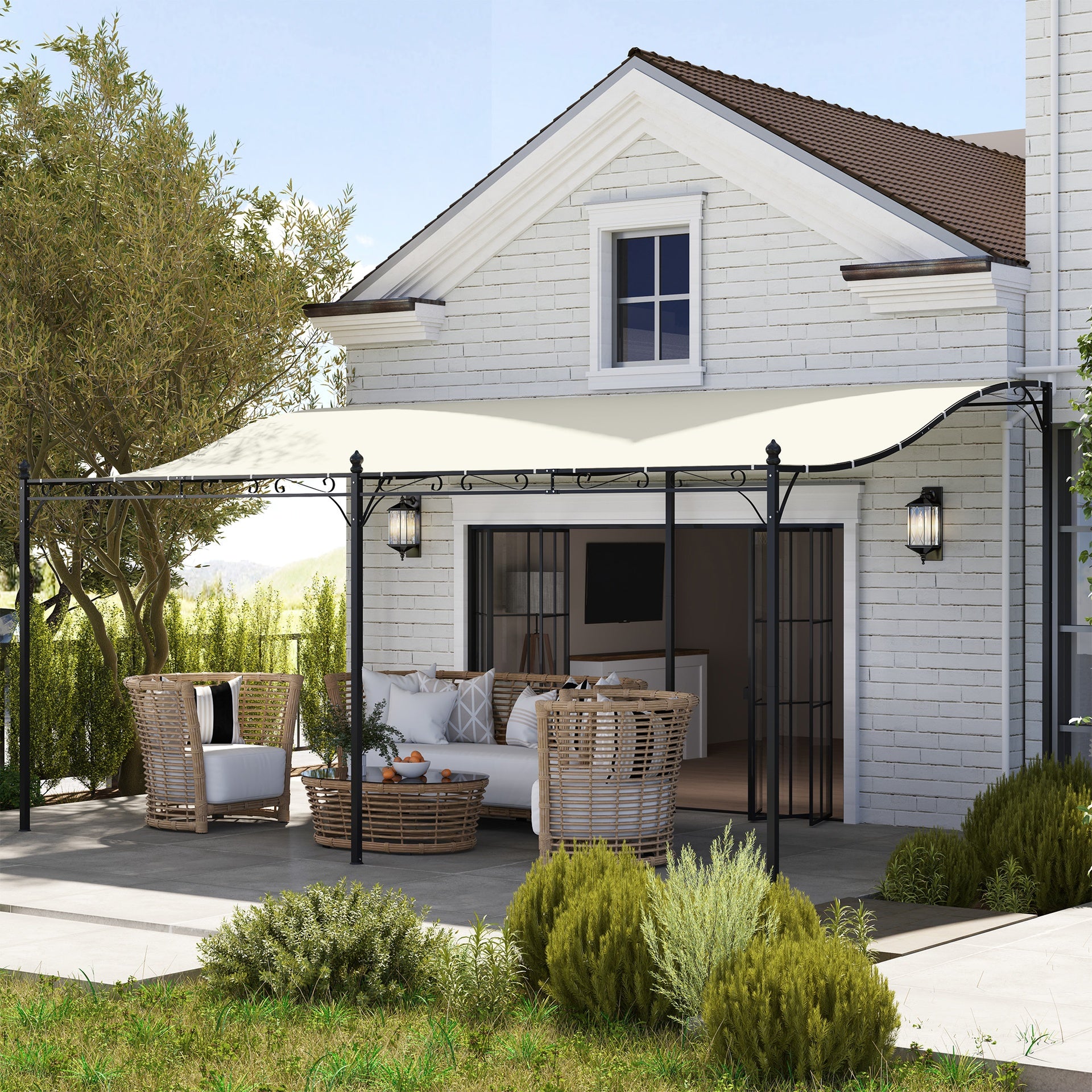 Outsunny 10' x 16' Wall-Mounted Outdoor Pergola Canopy, Metal Patio Canopy with Drainage Holes for Backyard Garden, Cream White