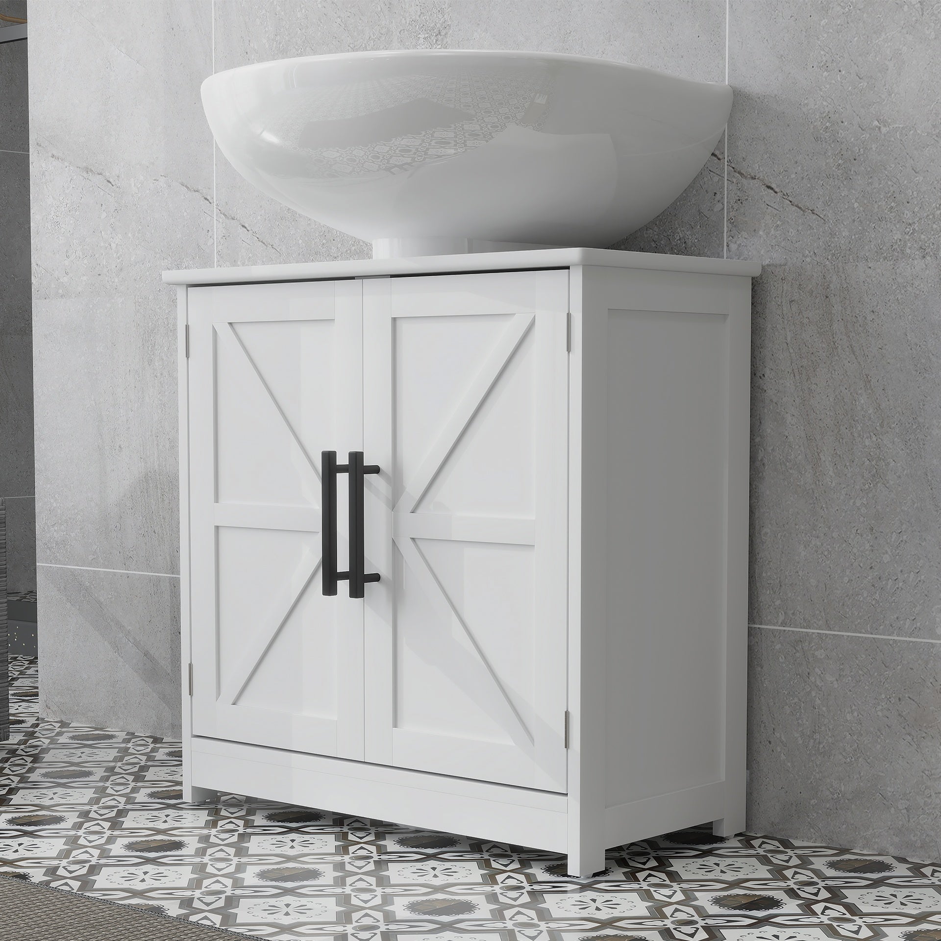 HOMCOM Farmhouse Pedestal Sink Storage Cabinet, Bathroom Sink Cabinet with 2 Barn Doors and Adjustable Shelf, White