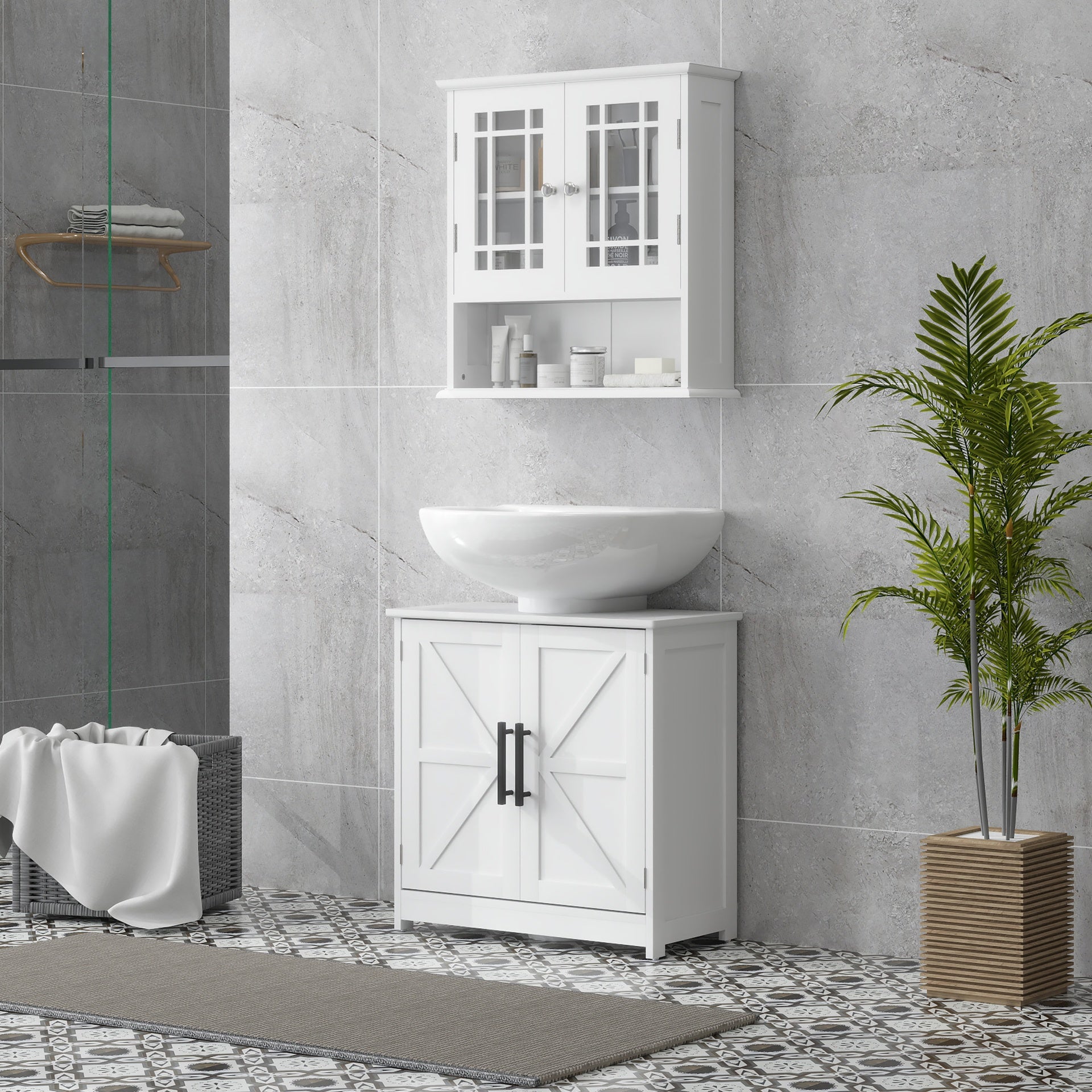 HOMCOM Farmhouse Pedestal Sink Storage Cabinet, Bathroom Sink Cabinet with 2 Barn Doors and Adjustable Shelf, White