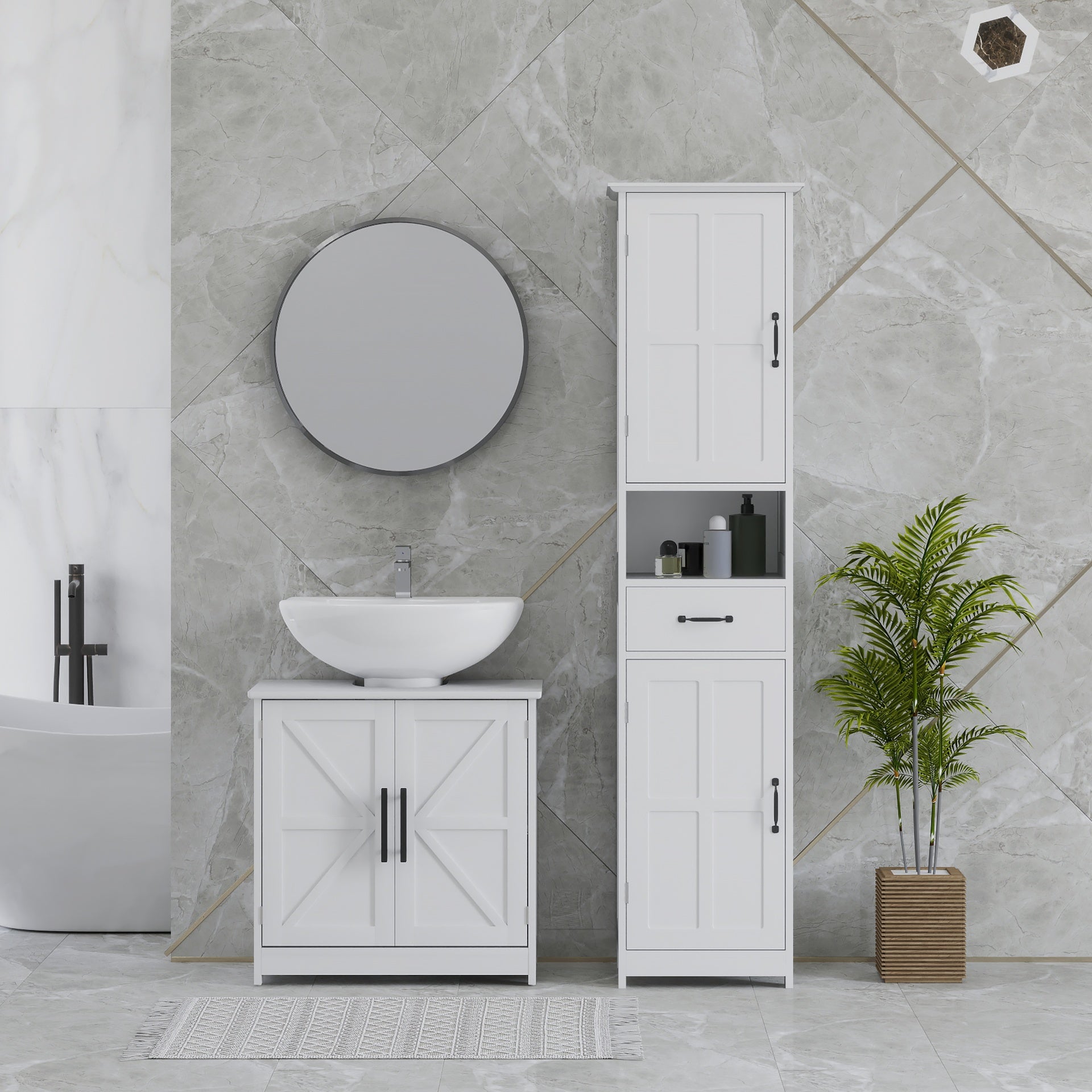 HOMCOM Farmhouse Pedestal Sink Storage Cabinet, Bathroom Sink Cabinet with 2 Barn Doors and Adjustable Shelf, White