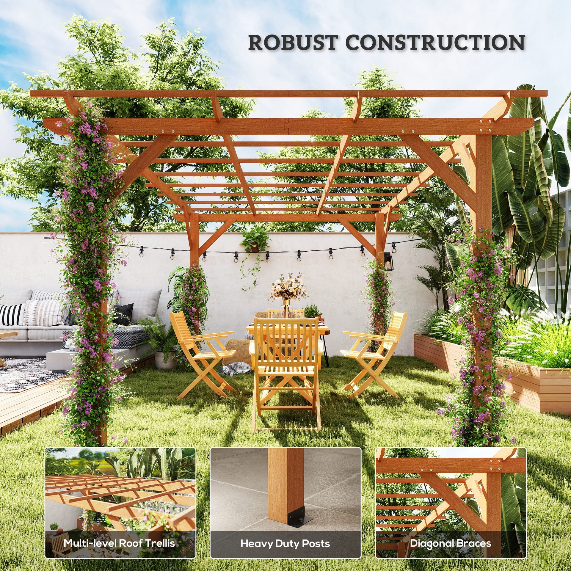 Outsunny 10' x 13' Wood Pergola, Outdoor Gazebo Grape Trellis with Stable Structure for Climbing Plant Support, Dark Brown