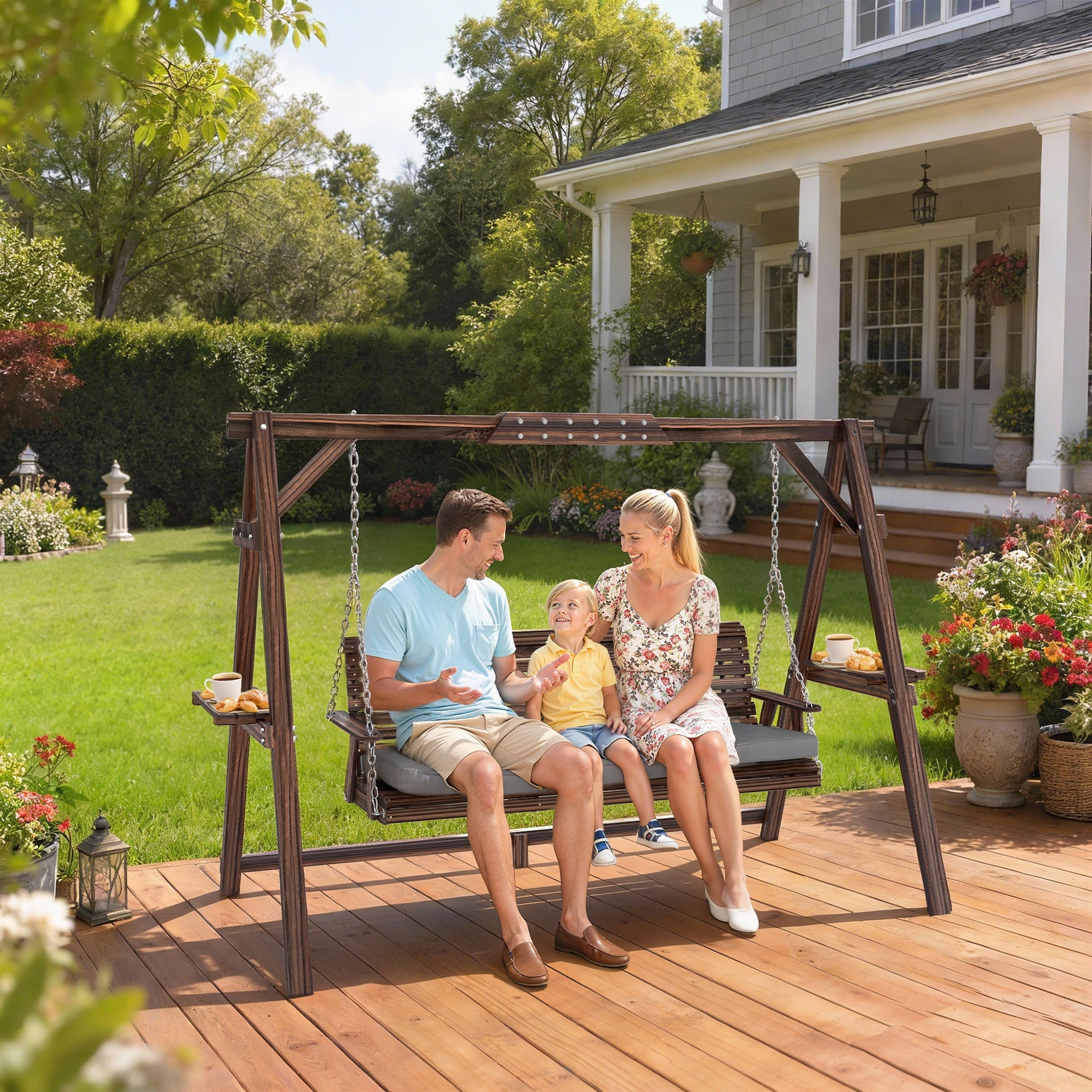 Outsunny 3 Seat Wooden Porch Swing with Stand, Patio Swing with Cushion, for Garden, Poolside, Backyard, Carbonized Brown