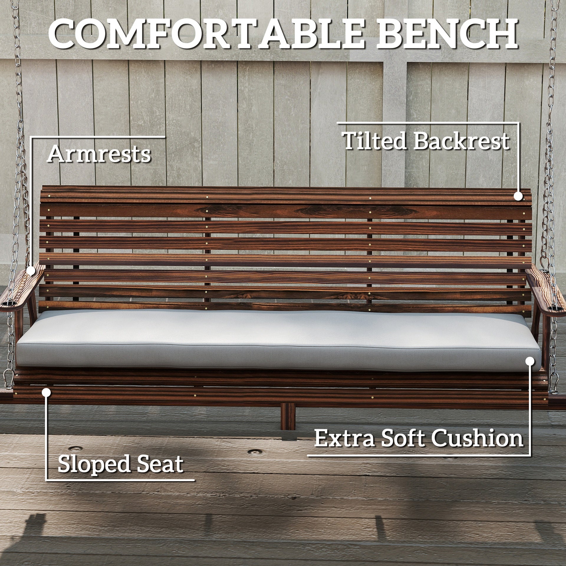 Outsunny 3 Seat Wooden Porch Swing with Stand, Patio Swing with Cushion, for Garden, Poolside, Backyard, Carbonized Brown