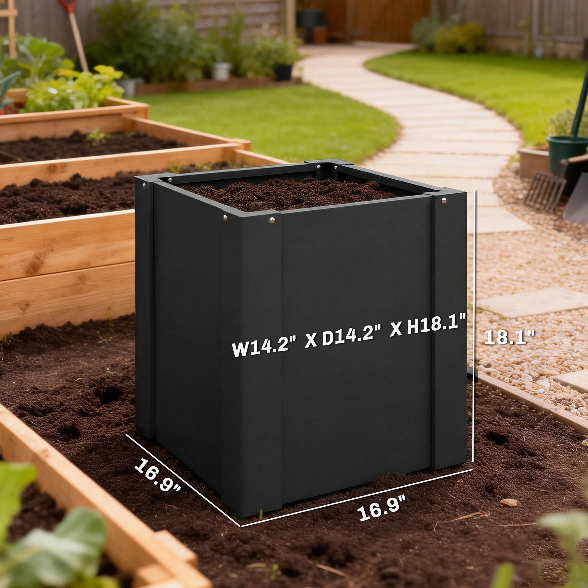 Outsunny Raised Garden Bed Galvanized Planter Box Outdoor with Gloves for Gardening Vegetables, Flower, Herb, 1.4 x 1.4 x 1.5 ft, Black
