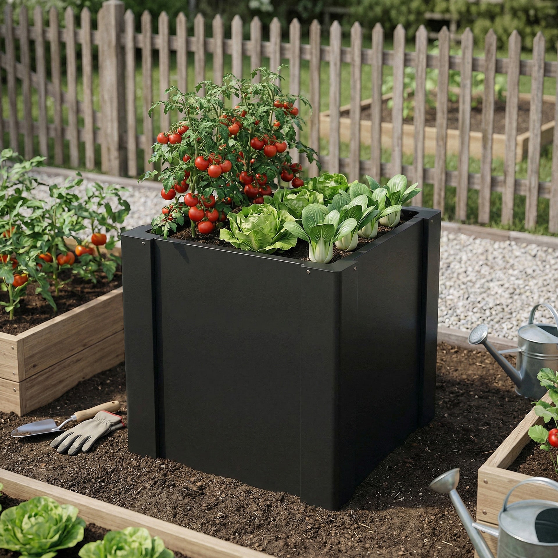 Outsunny Raised Garden Bed Galvanized Planter Box Outdoor with Gloves for Gardening Vegetables, Flower, Herb, 1.4 x 1.4 x 1.5 ft, Black