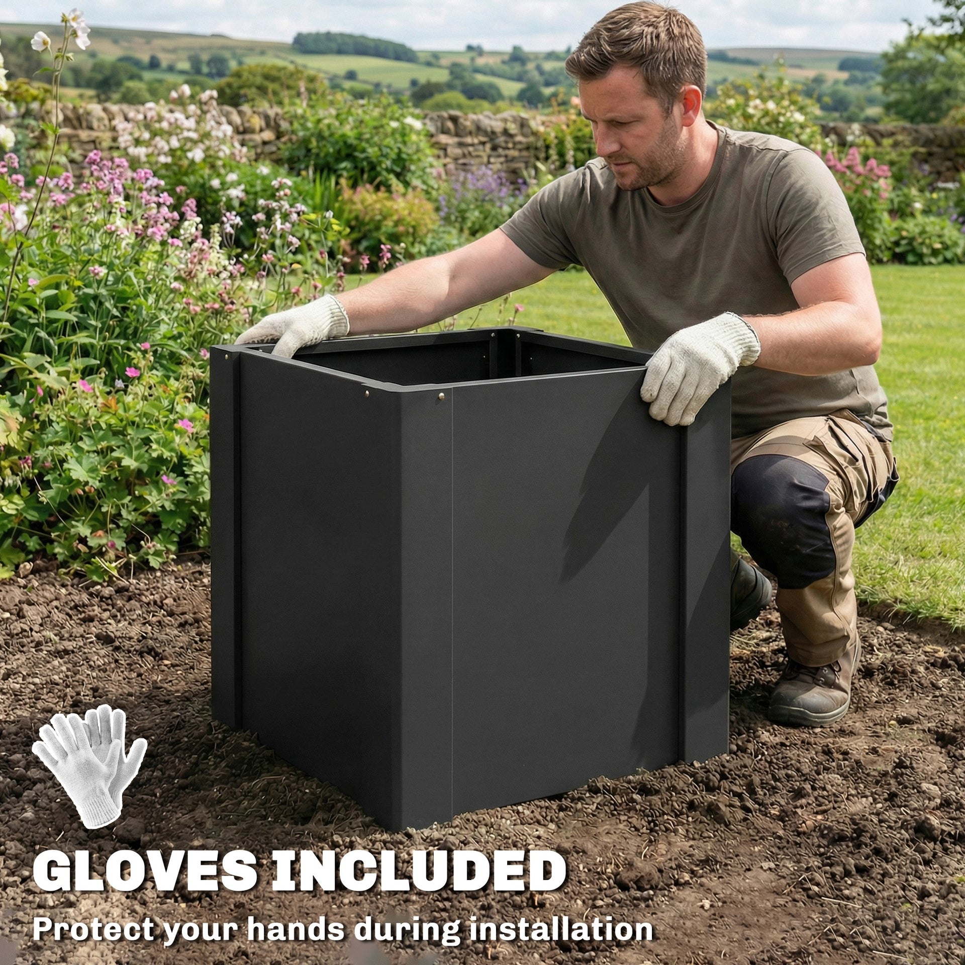 Outsunny Raised Garden Bed Galvanized Planter Box Outdoor with Gloves for Gardening Vegetables, Flower, Herb, 1.4 x 1.4 x 1.5 ft, Black