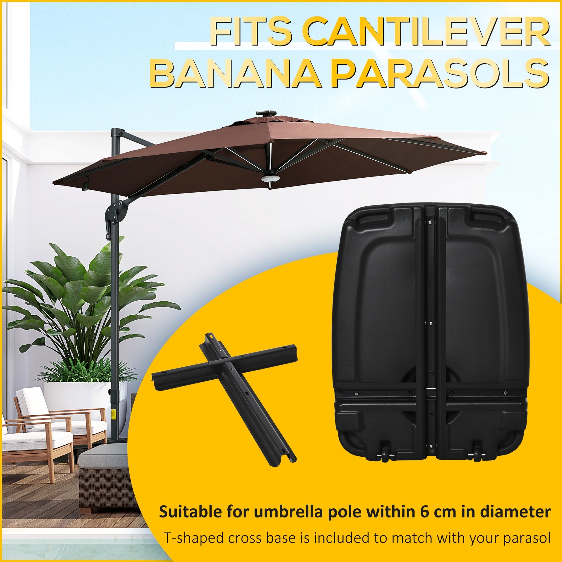 Outsunny Cantilever Offset Umbrella Base Portable Square Parasol Weights with Wheels, Water and Sand Filled, Up to 165 lbs, Black