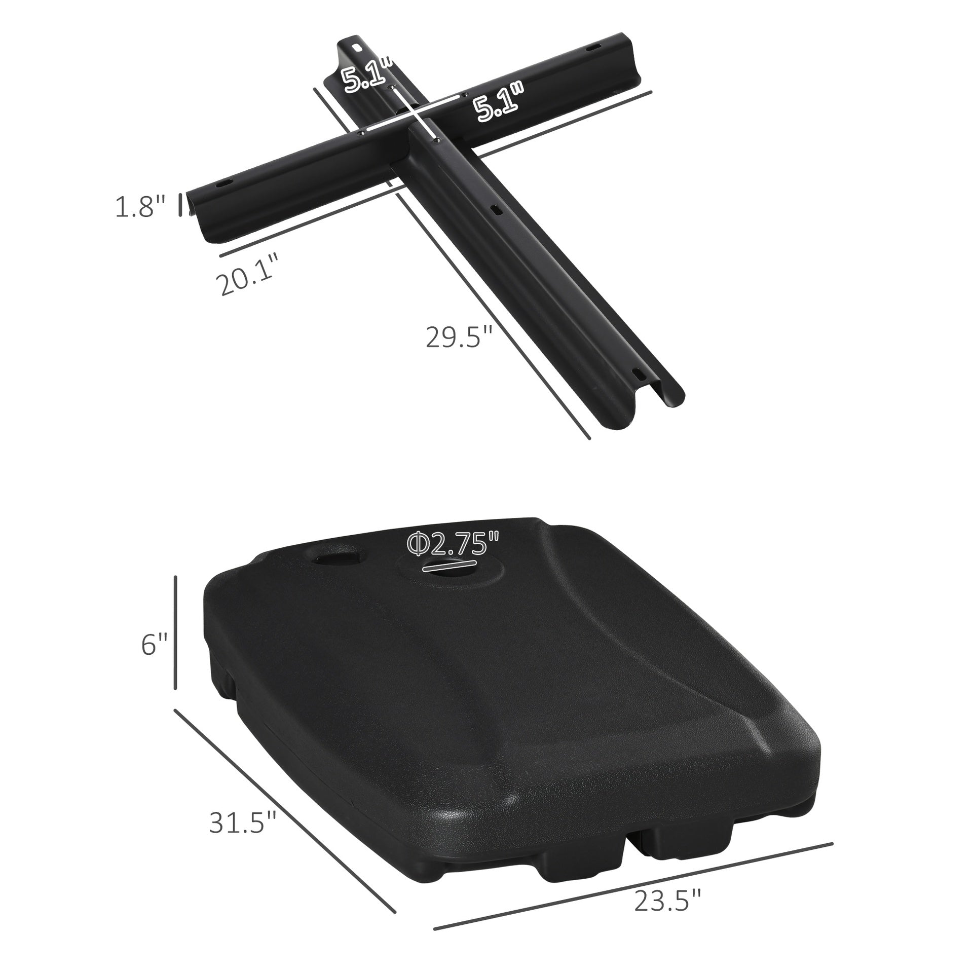 Outsunny Cantilever Offset Umbrella Base Portable Square Parasol Weights with Wheels, Water and Sand Filled, Up to 165 lbs, Black