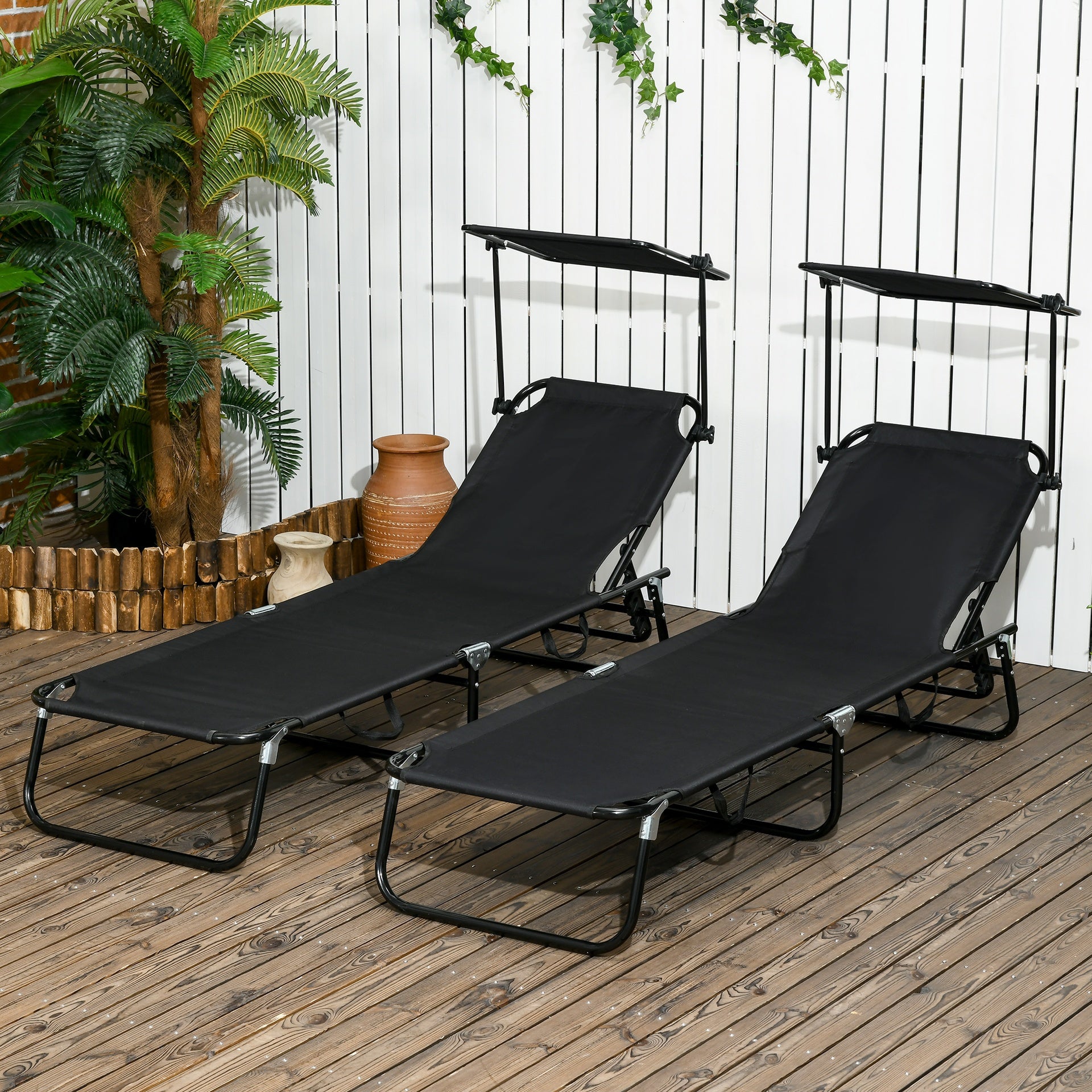 Outsunny Chaise Pool Lounge Chairs Set of 2, Outdoor Sun Tanning Chairs, Reclining Back, Steel Frame and Side Pocket, Black