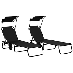 Outsunny Chaise Pool Lounge Chairs Set of 2, Outdoor Sun Tanning Chairs, Reclining Back, Steel Frame and Side Pocket, Black