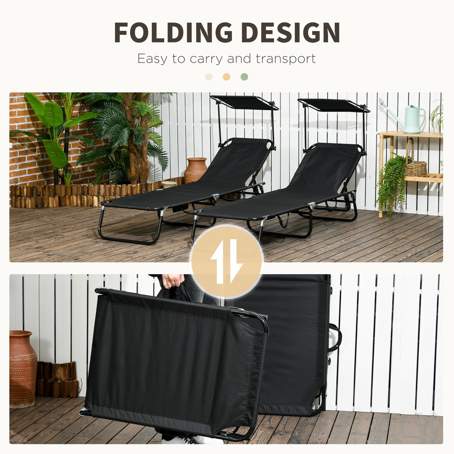 Outsunny Chaise Pool Lounge Chairs Set of 2, Outdoor Sun Tanning Chairs, Reclining Back, Steel Frame and Side Pocket, Black