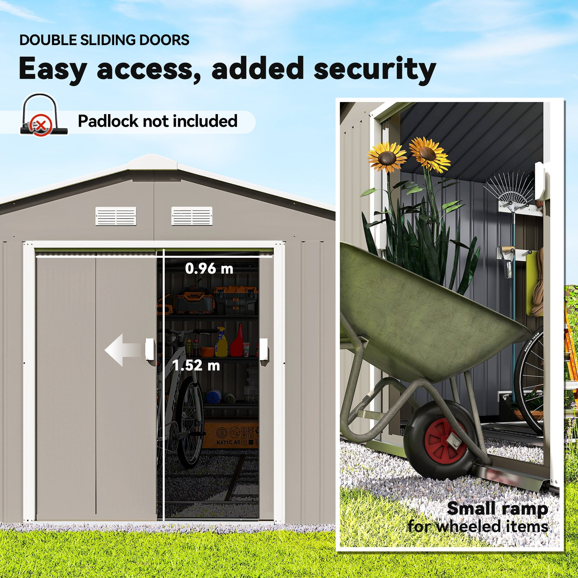 Outsunny Garden Metal Shed, Storage Shed Utility Storage with Double Locking Doors for Bike, Yard Tools, Light Gray