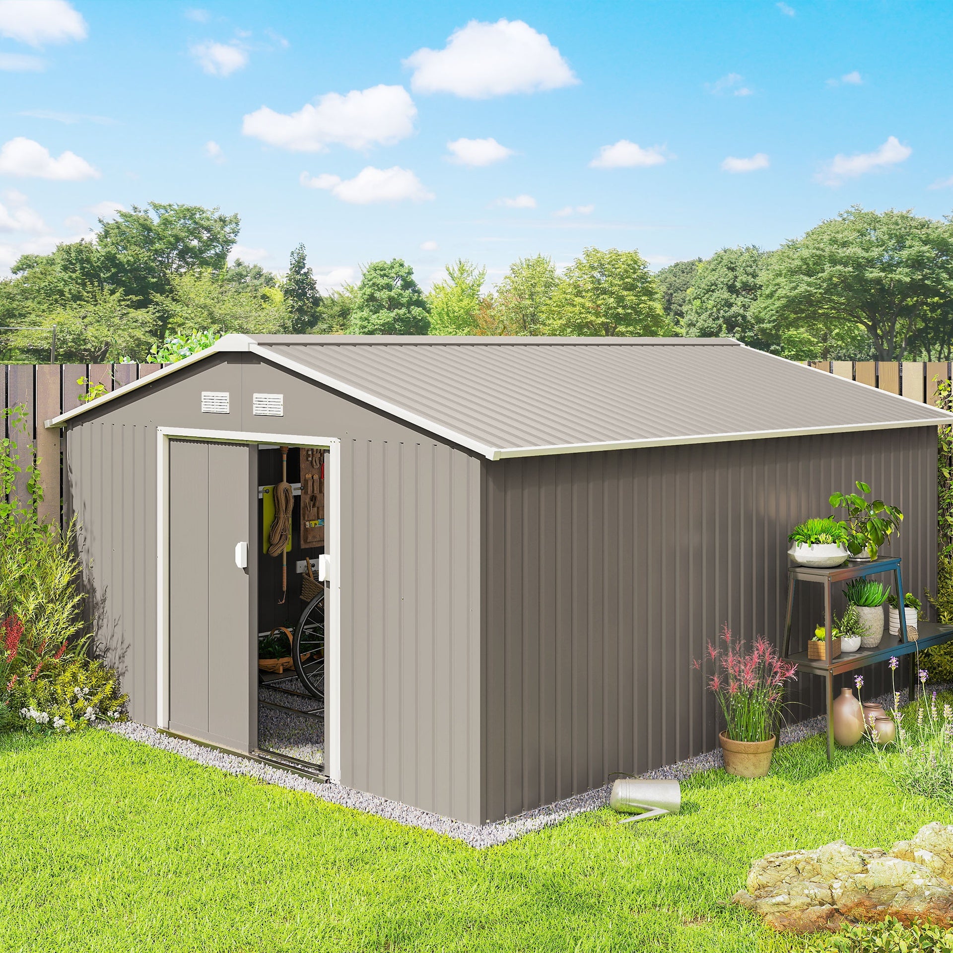 Outsunny Garden Metal Shed, Storage Shed Utility Storage with Double Locking Doors for Bike, Yard Tools, Light Gray