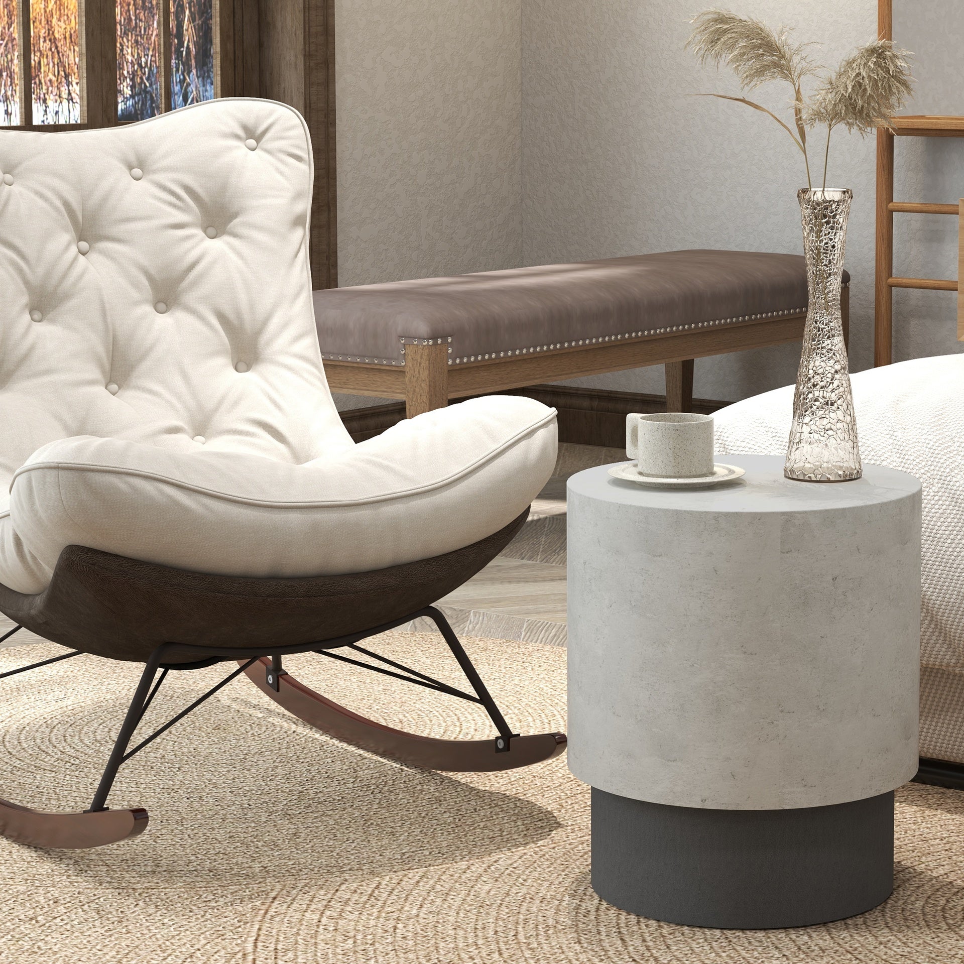 HOMCOM Lightweight Accent Table with Concrete Finish, Round Side Table with 4 Adjustable Feet for Indoor, Outdoor, Gray