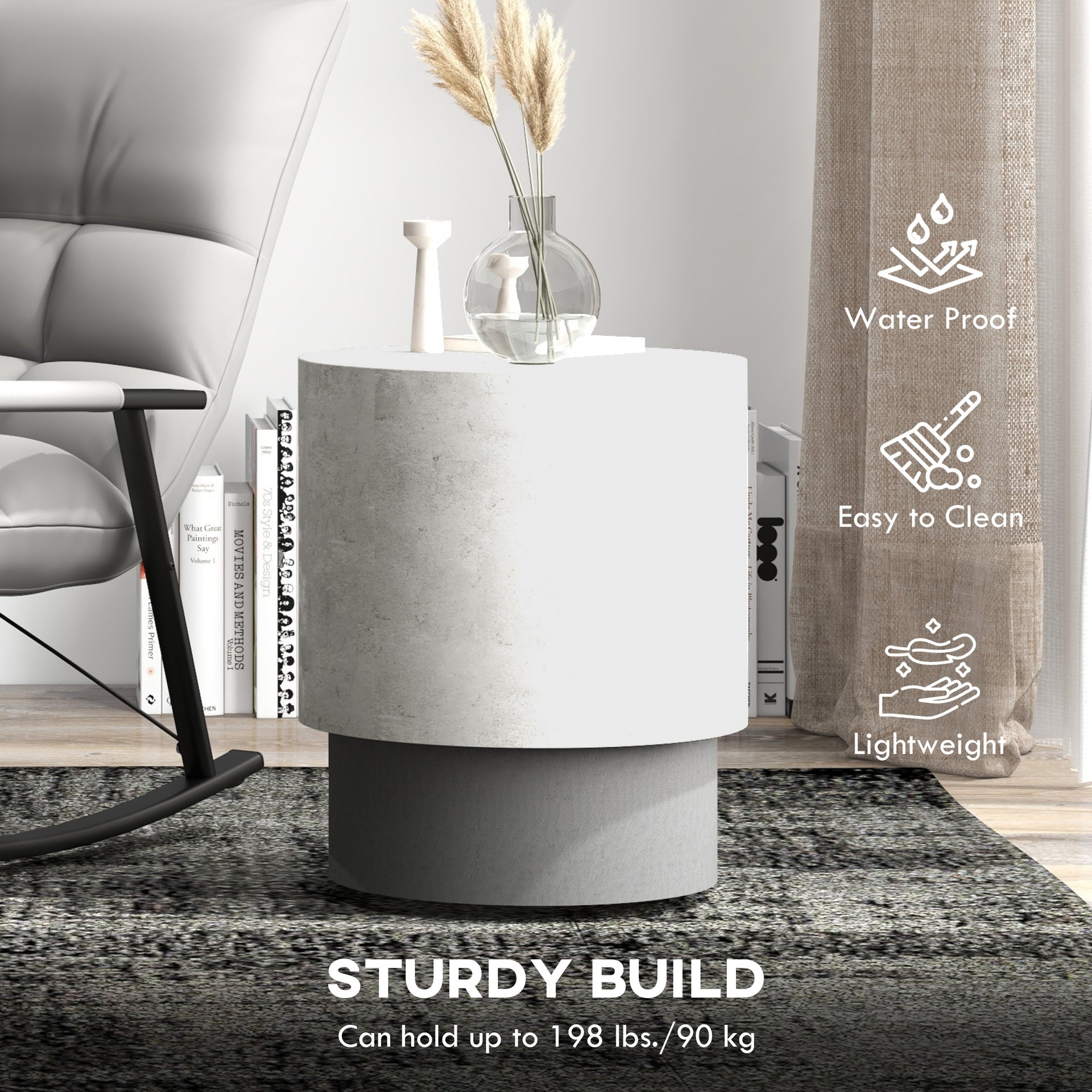 HOMCOM Lightweight Accent Table with Concrete Finish, Round Side Table with 4 Adjustable Feet for Indoor, Outdoor, Gray