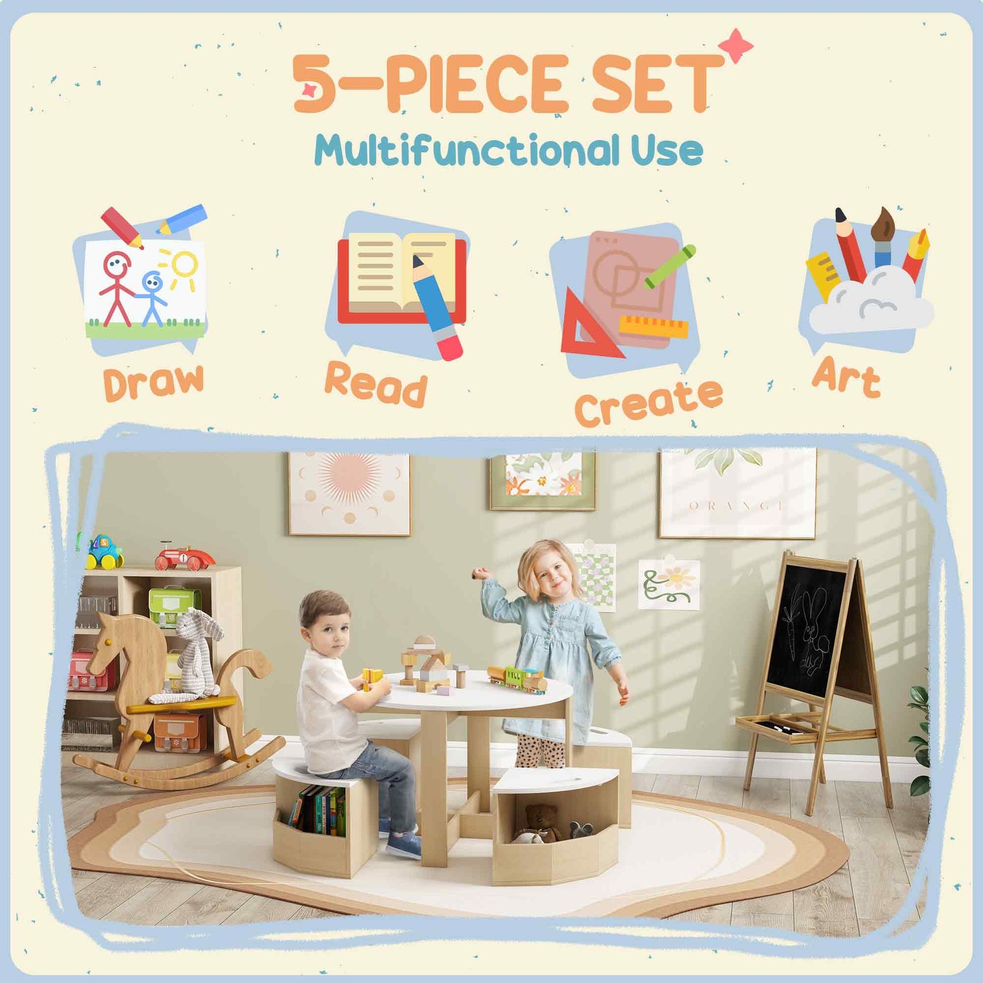 Qaba 5 Piece Kids Table and Chairs Set with Storage for Art, Craft, Drawing, Playroom, Classroom, Nursery, White