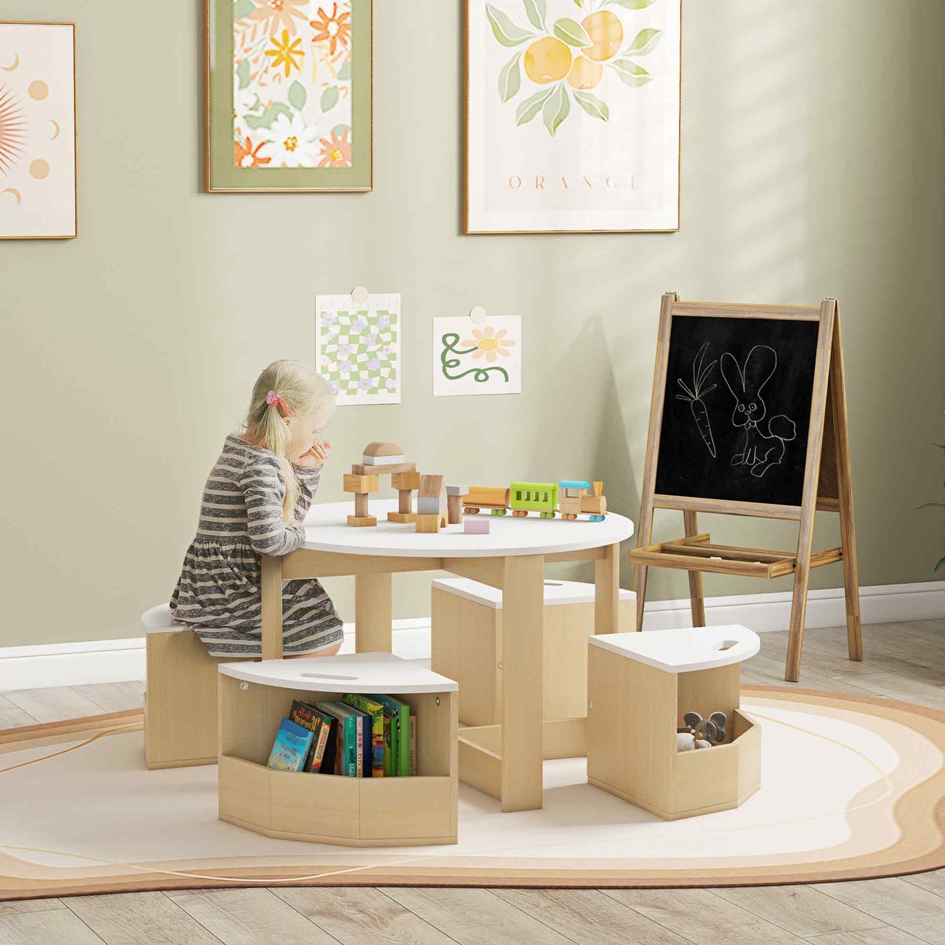 Qaba 5 Piece Kids Table and Chairs Set with Storage for Art, Craft, Drawing, Playroom, Classroom, Nursery, White