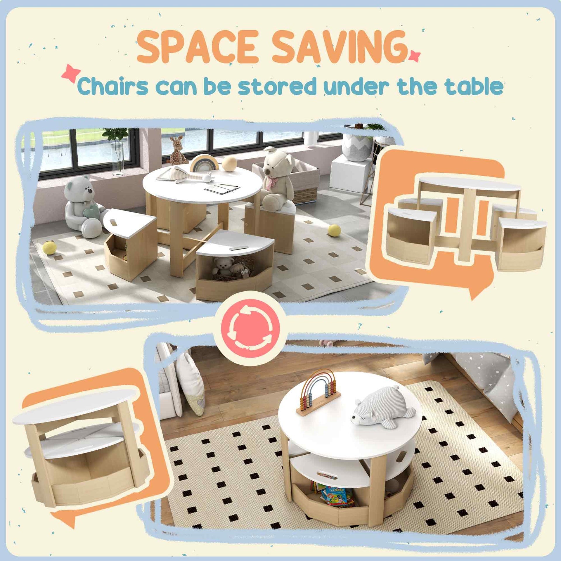 Qaba 5 Piece Kids Table and Chairs Set with Storage for Art, Craft, Drawing, Playroom, Classroom, Nursery, White