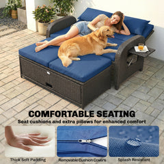 Outsunny Patio Rattan Daybed, Wicker Outdoor Daybed with Storage Ottoman, Loveseat w/ Adjustable Backrest, Navy Blue