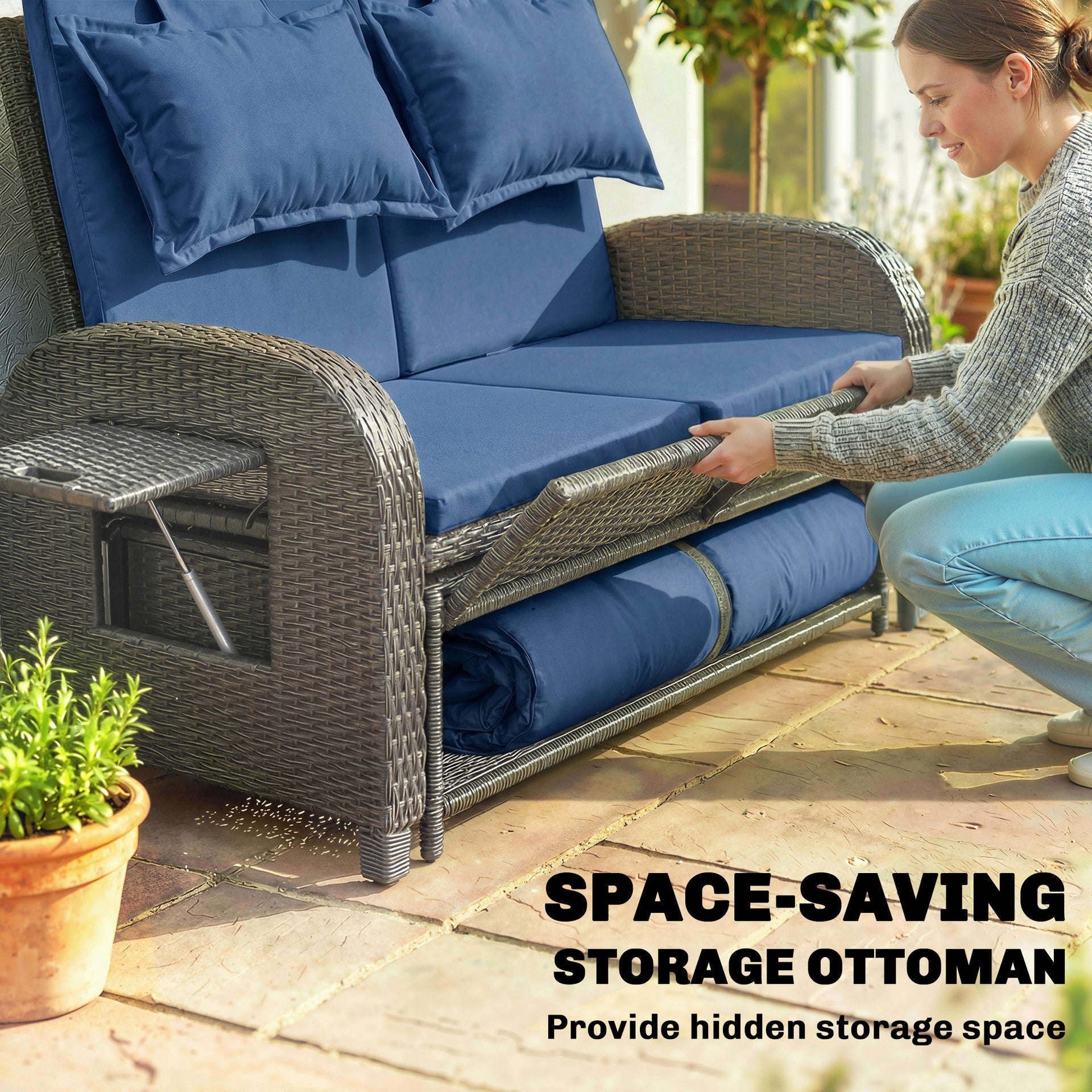 Outsunny Patio Rattan Daybed, Wicker Outdoor Daybed with Storage Ottoman, Loveseat w/ Adjustable Backrest, Navy Blue