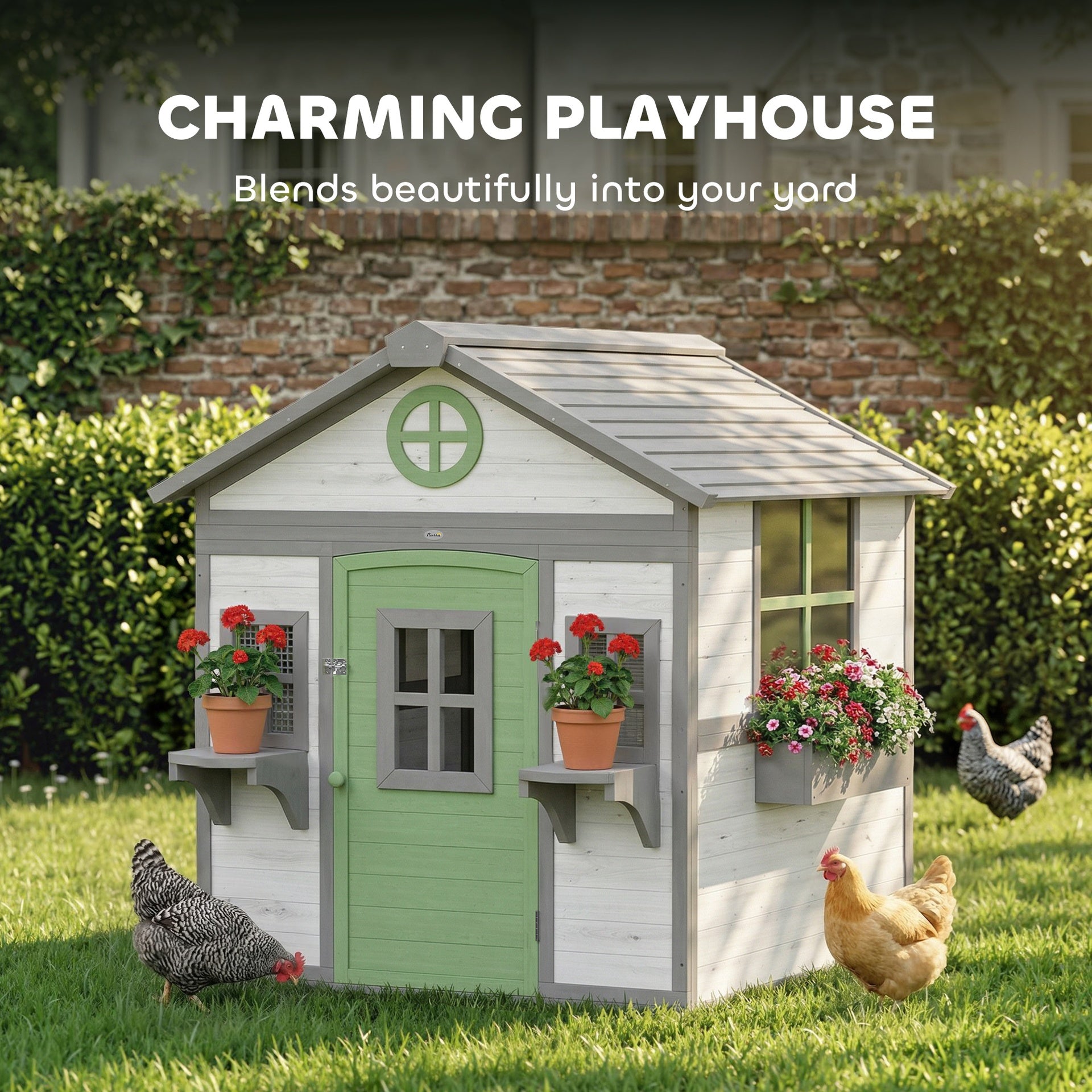 PawHut Chicken Coop, Wooden Hen House Outdoor Playhouse for 2-4 Chickens, Poultry Cage with Planter Pots and Boxes