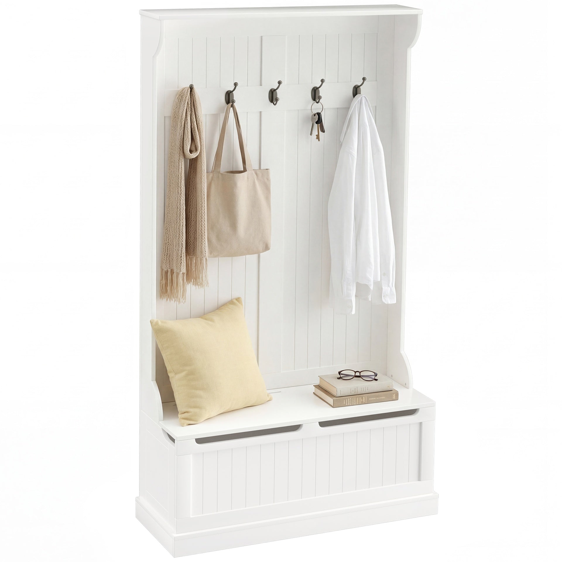HOMCOM 3-In-1 Entryway Bench with Coat Rack, Hall Tree with Bench and Shoe Storage, 5 Hooks for Hallway Cream White