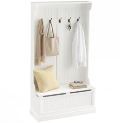 HOMCOM 3-In-1 Entryway Bench with Coat Rack, Hall Tree with Bench and Shoe Storage, 5 Hooks for Hallway Cream White