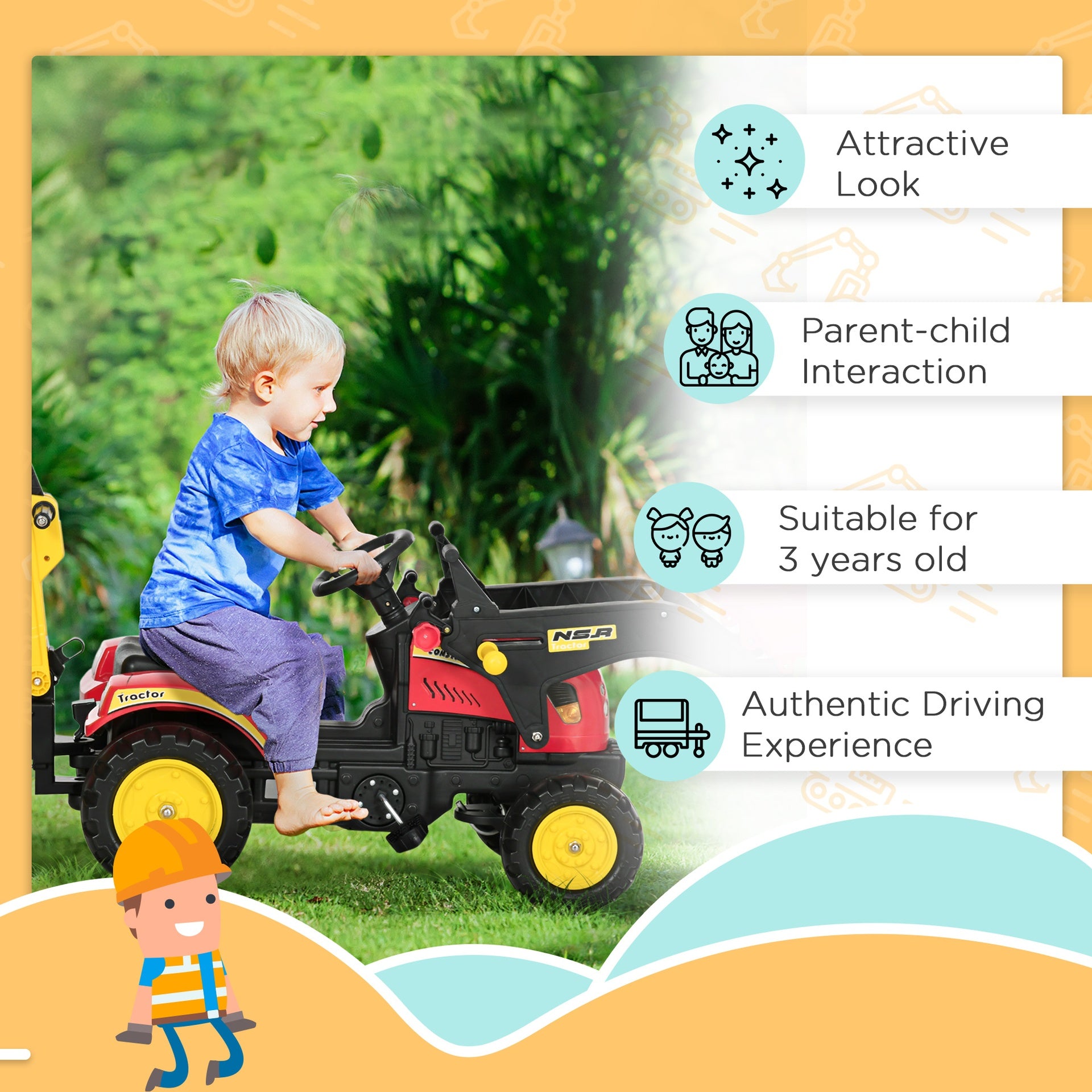 Aosom 3 in1 Kids Ride On Bulldozer Excavator Toy with 6 Wheels Controllable Cargo Trailer Easy Pedal Controls for 3-6 Years