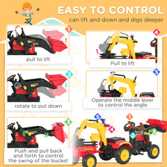 Aosom 3 in1 Kids Ride On Bulldozer Excavator Toy with 6 Wheels Controllable Cargo Trailer Easy Pedal Controls for 3-6 Years