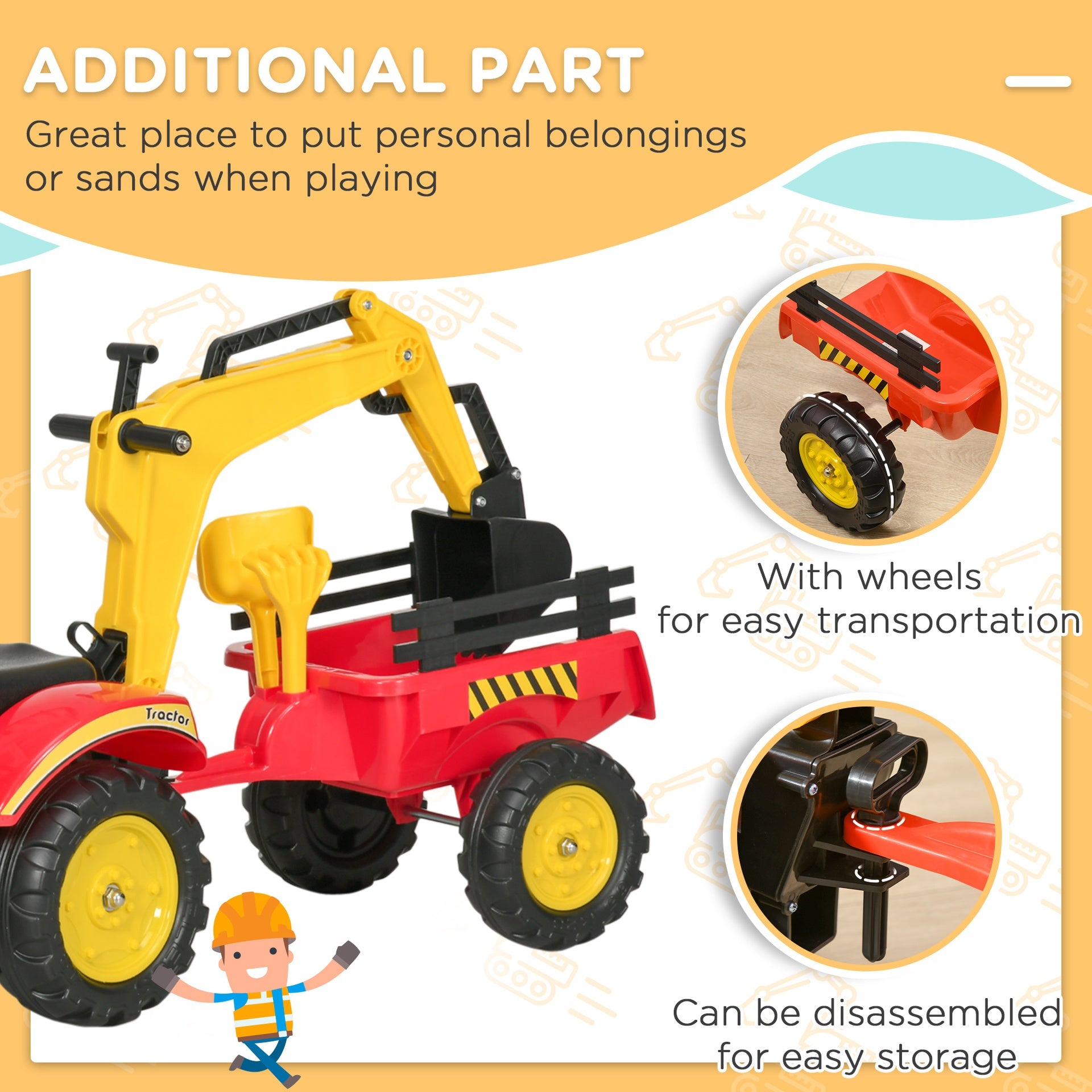 Aosom 3 in1 Kids Ride On Bulldozer Excavator Toy with 6 Wheels Controllable Cargo Trailer Easy Pedal Controls for 3-6 Years