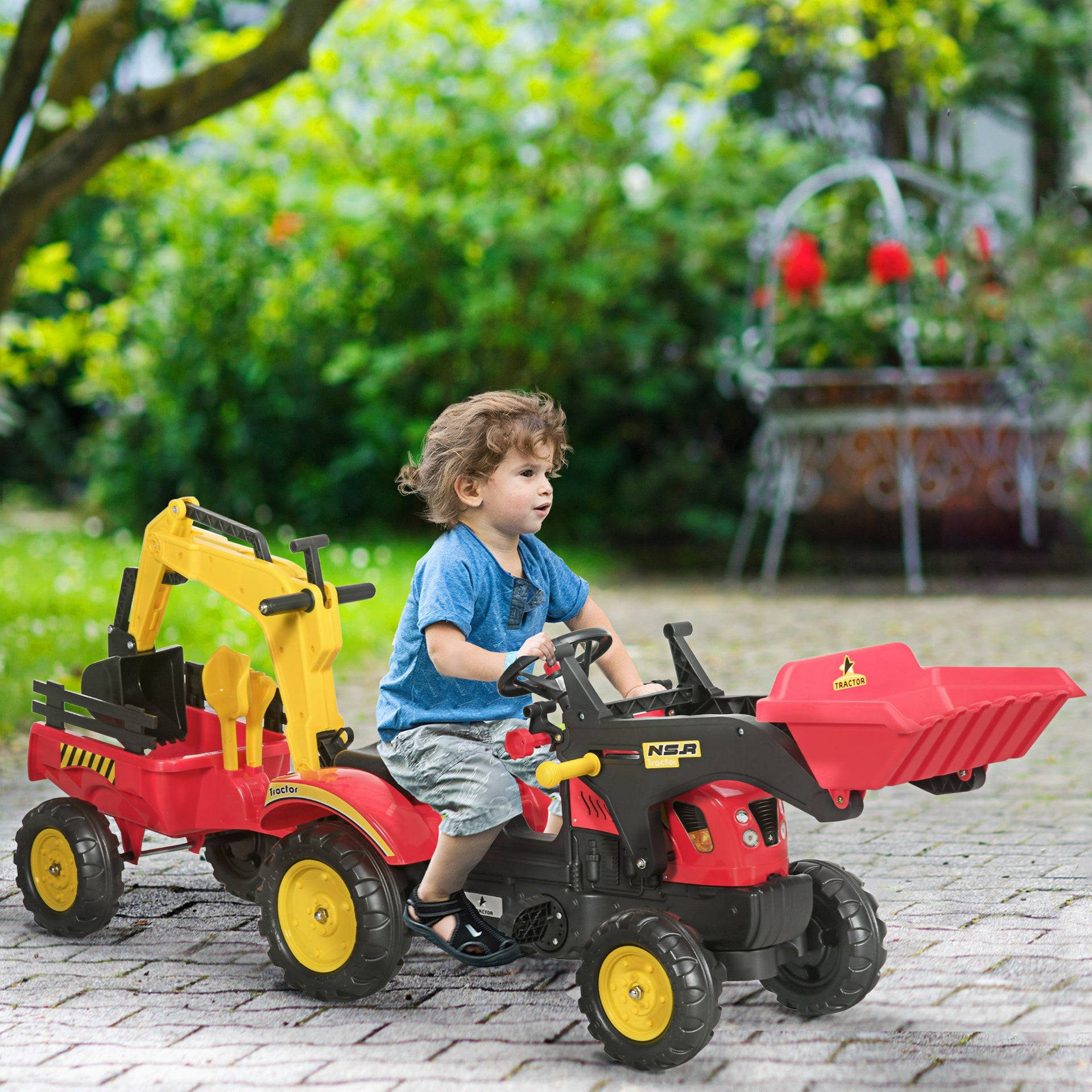 Aosom 3 in1 Kids Ride On Bulldozer Excavator Toy with 6 Wheels Controllable Cargo Trailer Easy Pedal Controls for 3-6 Years