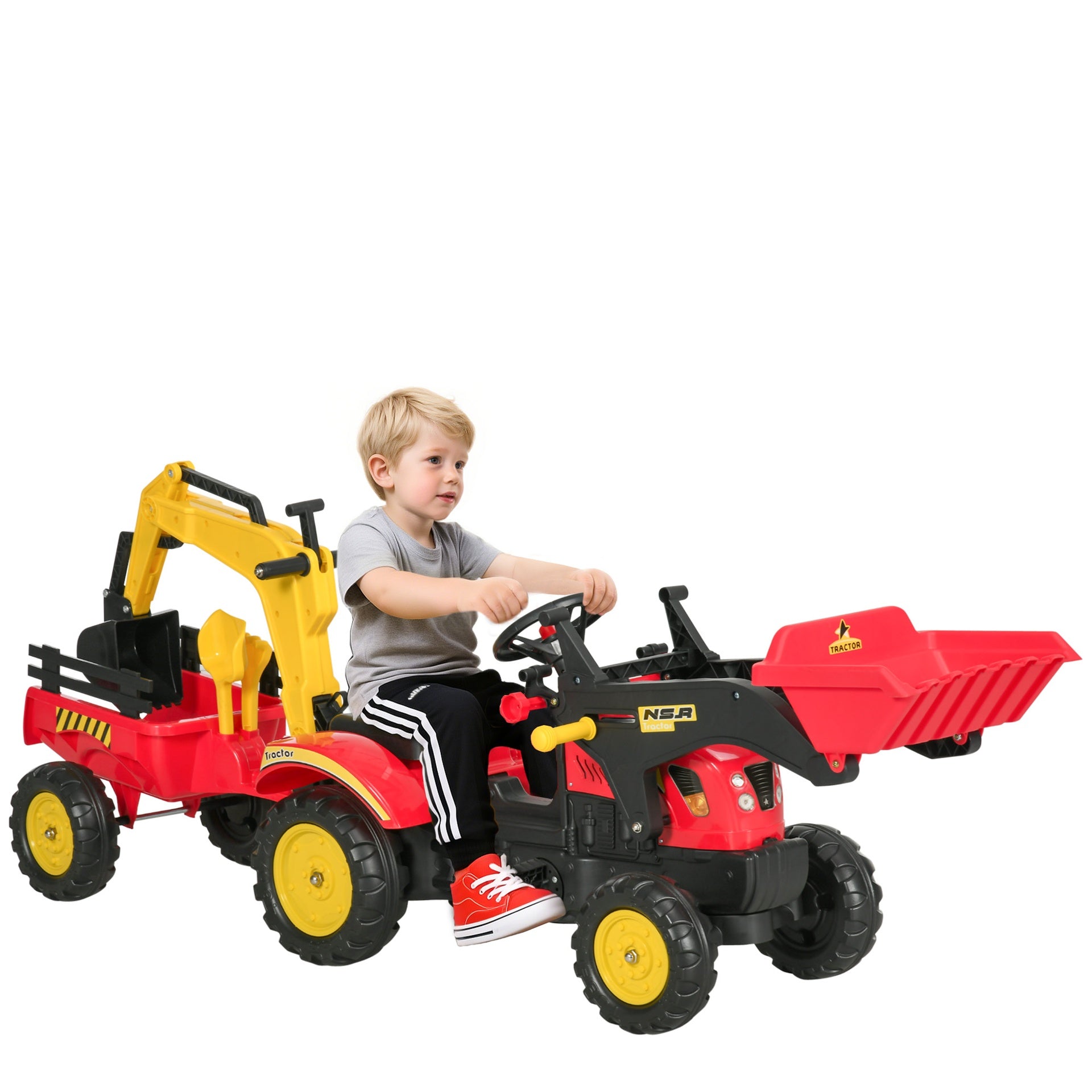Aosom 3 in1 Kids Ride On Bulldozer Excavator Toy with 6 Wheels Controllable Cargo Trailer Easy Pedal Controls for 3-6 Years